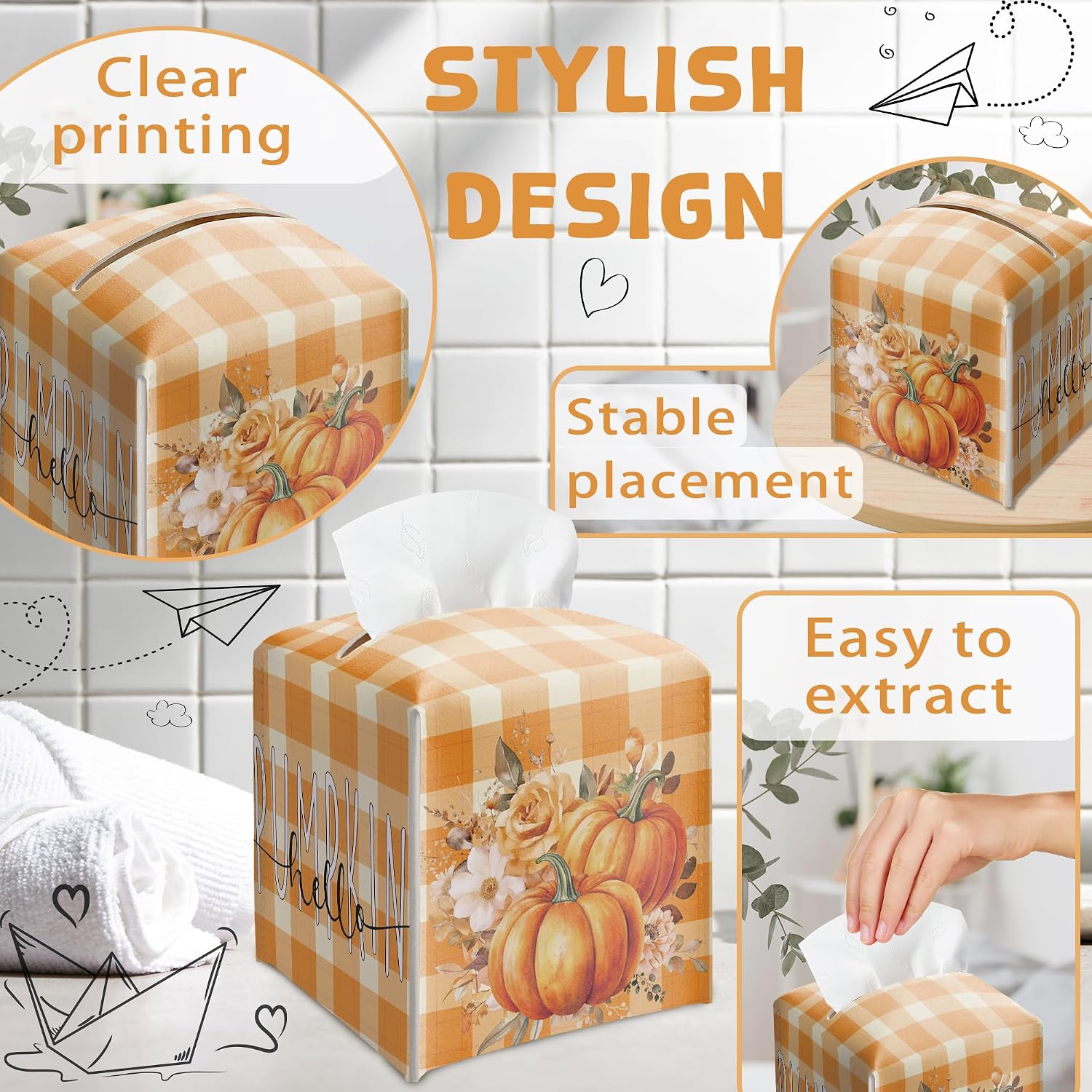 Fall Pumpkin Tissue Box Holder, Orange Plaid Leather Tissue Box Cover Square, Fall Harvest Facial Paper Organizer Dispenser Toilet Paper Holder for Bathroom Kitchen Office Home Decor-A19