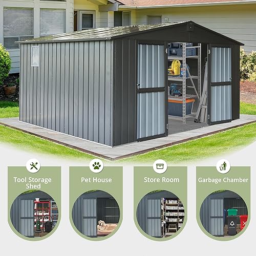 Miniatura 6 de Domi Cobertizo de almacenamiento para exteriores, 11 x 12.5 pies, cobertizos de herramientas de metal con puerta doble con cerradura, cobertizo
