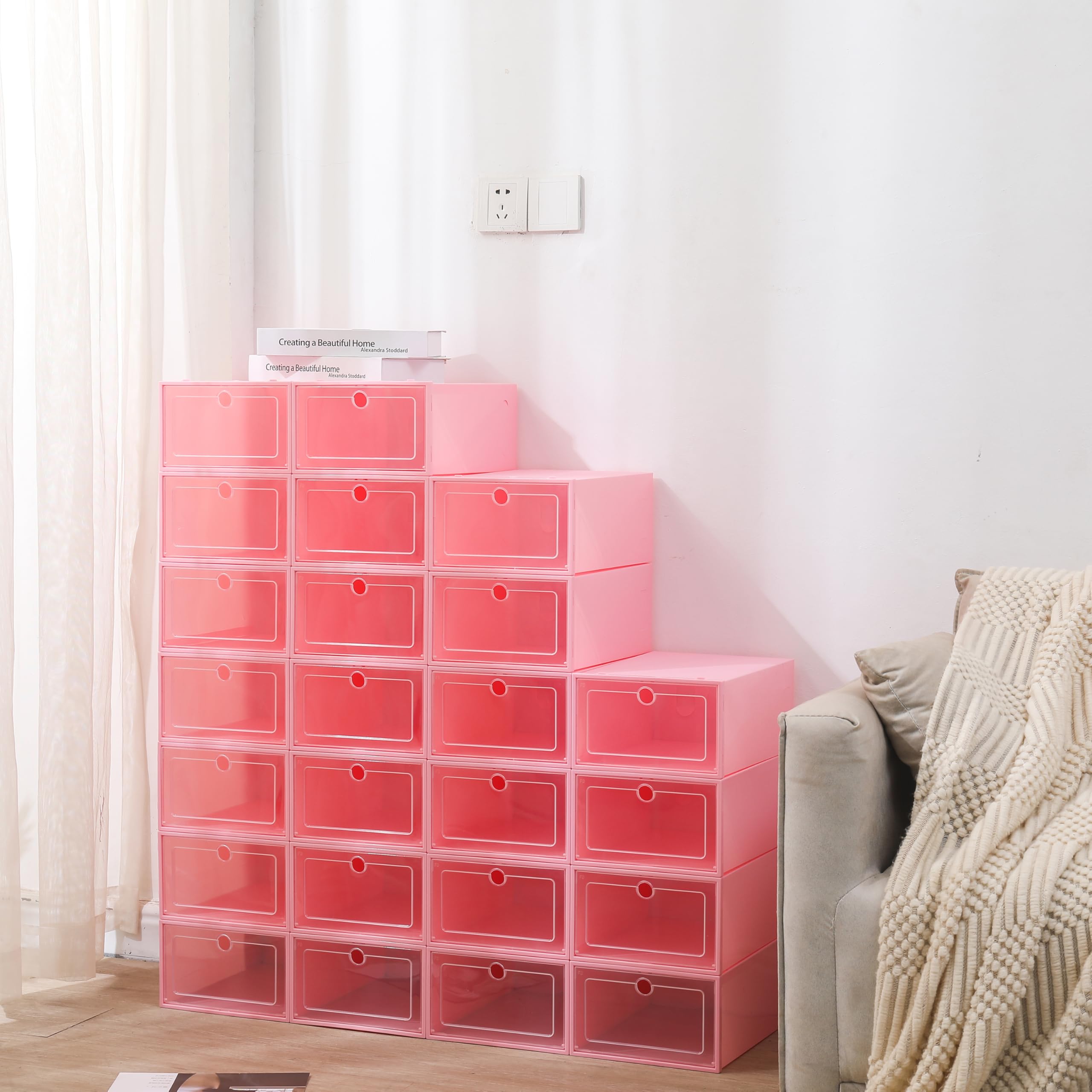 SHONFYVS 24 Pack Shoe Boxes Stackable Shoe Boxes Clear Flip Lid Shoe Boxes Boot Storage Organizer for Homes, Cloakrooms, and More for Storing Flats, Slippers, Casual Shoes(Pink)