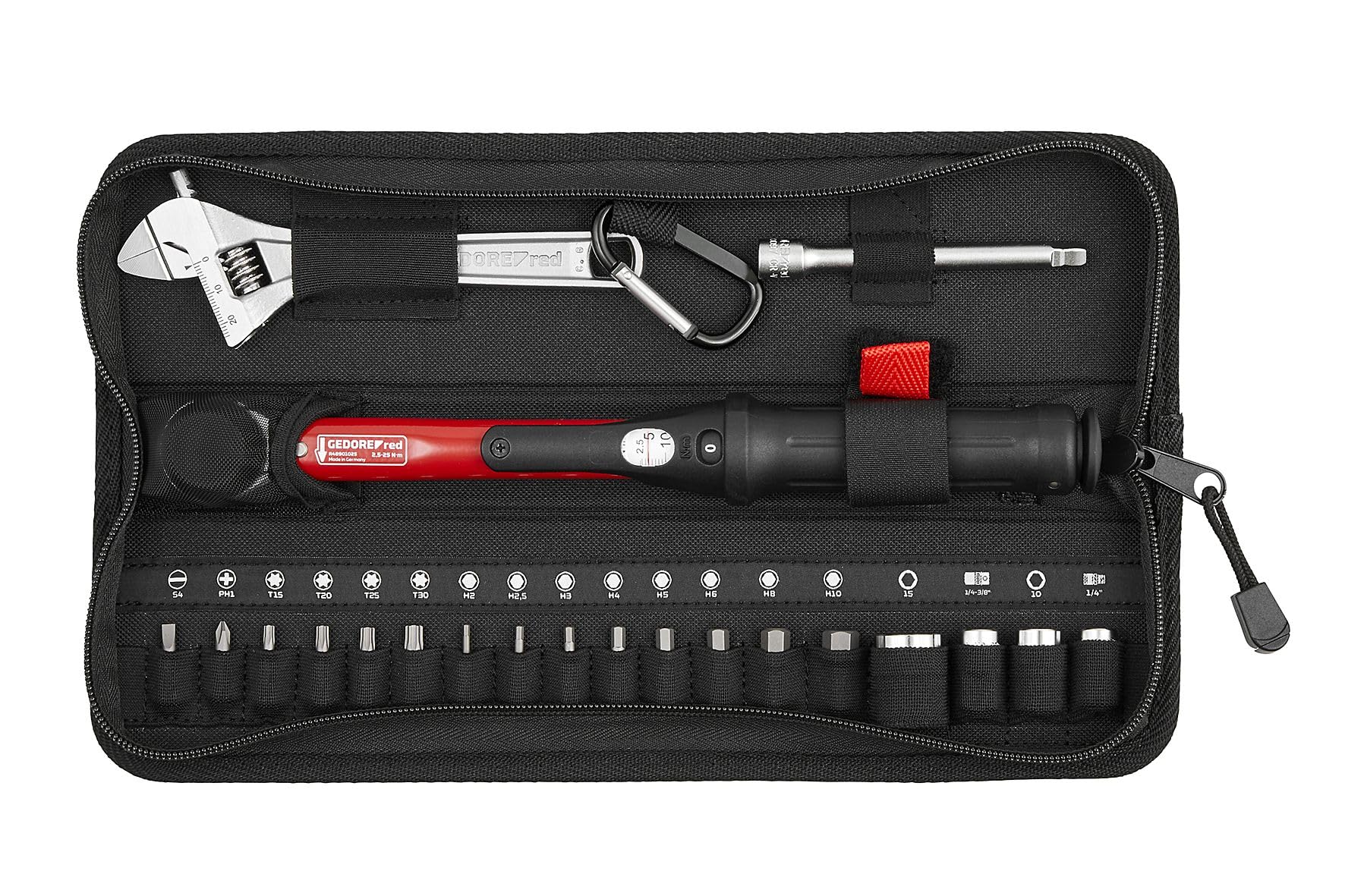 GEDORE rojo Fahrrad Werkzeugset Profi für die Werkstatt, 25-teilig, Rollgabelschlüssel, Bitschraubendreher 1/4', Universal-Reparaturset mit Tasche, R21702025, Schwarz/Rot