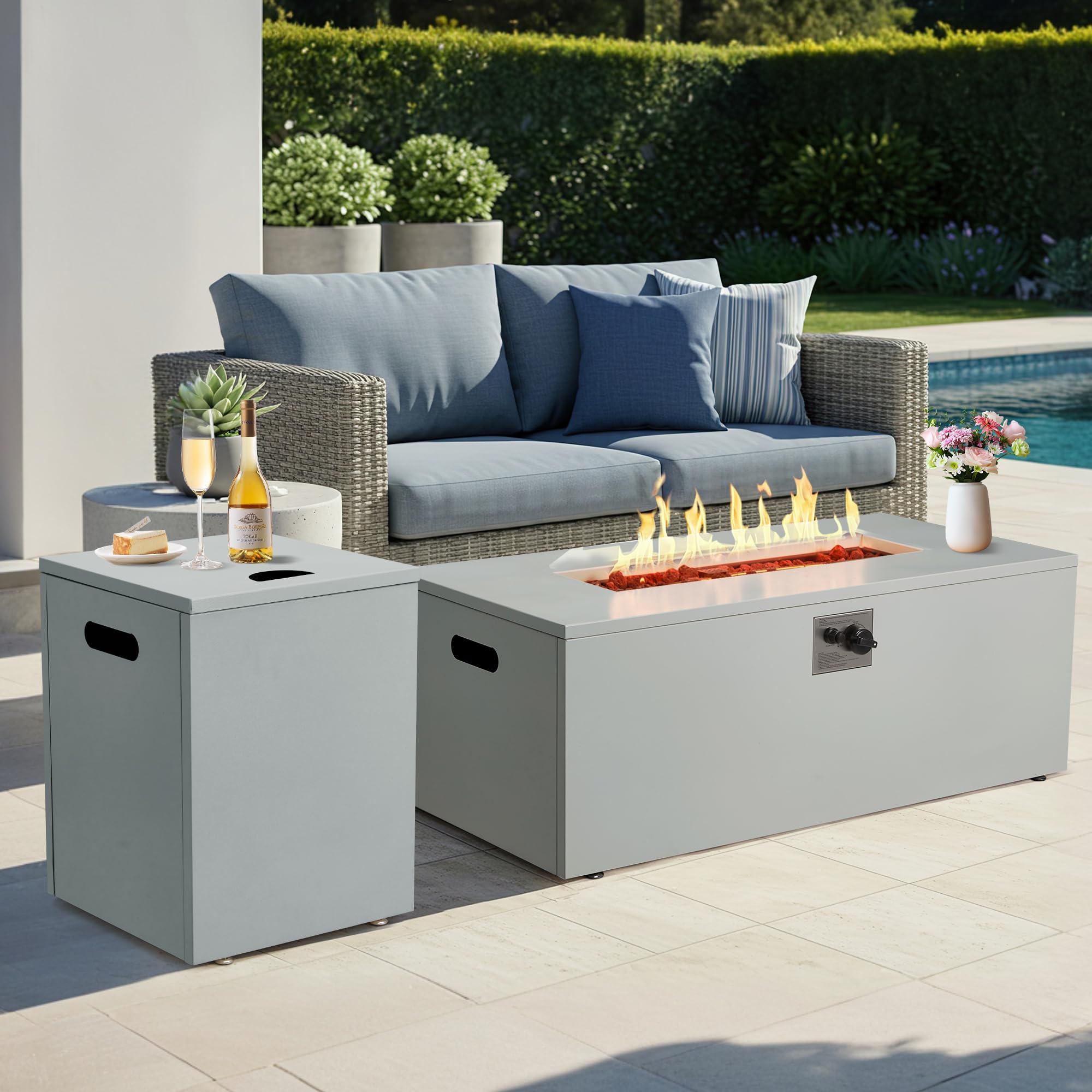 ECOTOUGE 2 Piece 42" Rectangular Propane Fire Pit Table wirh Tank Holder, 50,000 BTU Outdoor Gas Fire Pit with Lid, Steel Fireplace w/Weather Cover,