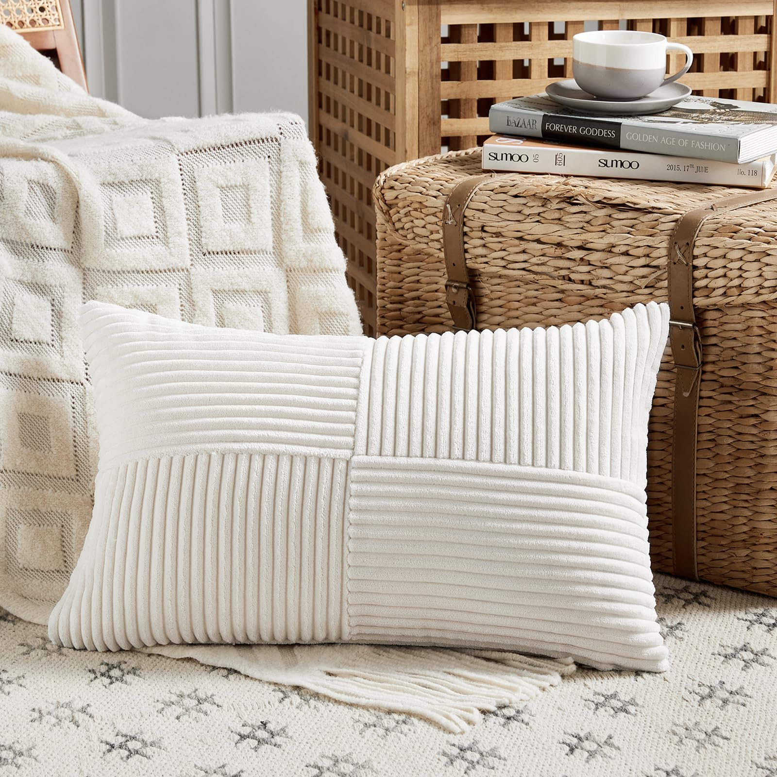 Fancy Homi Set of 1 Cream White Long Lumbar Decorative Throw Pillow Covers 16x24 Inch for Couch Bed Sofa, Rustic Farmhouse Boho Home Decor, Soft Striped Corduroy Rectangle Accent Cushion Case 40x60 cm