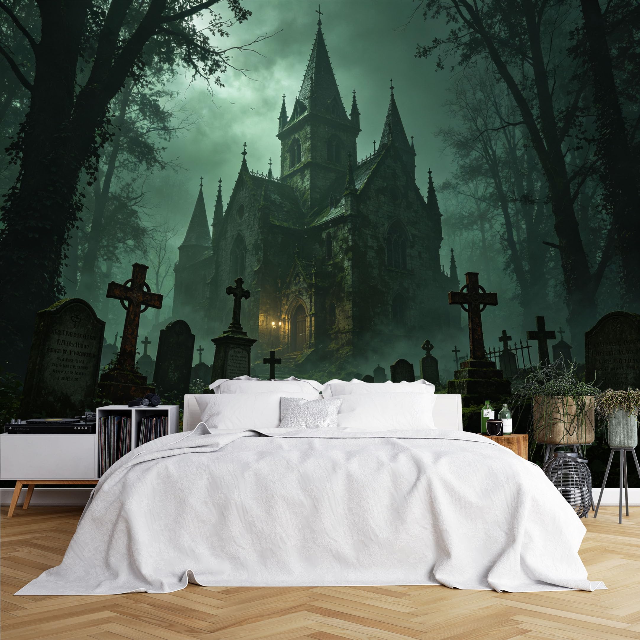 Lcythiazole Ch260615044 Custom Size Wall Murals Foggy Gothic Church Graveyard Night Wall Murals Wall Stickers Wallpaper Self-Adhesive Removable Wallpaper For Halloween Bar Room