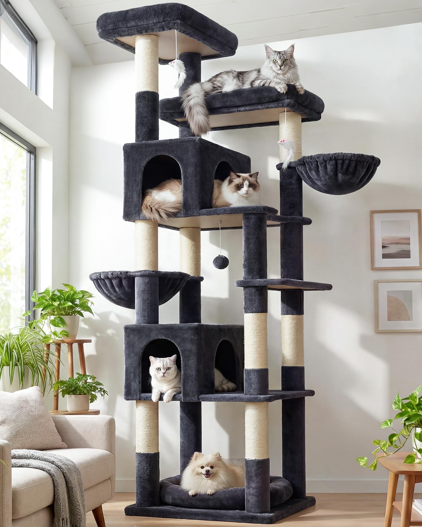 Globlazer Heavy Duty Cat Tree, 81 inch Extra Large Cat Tree for Indoor Cats Large Adult, Sturdy Cat Tower with 8 Scratching Post, 2 Cat Condos, 2 Platform, S81C, Dark Grey