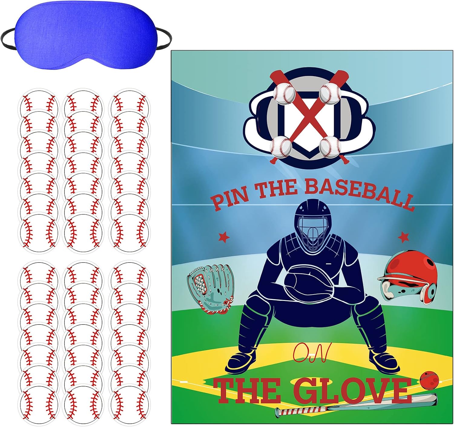 38 Pcs Baseball Party Game Poster and Stickers Blindfold Mask Set, Pin the Tail Game Pin the Baseball on the Glove Games for Baseball Birthday Party Favors Decorations Supplies Accessory