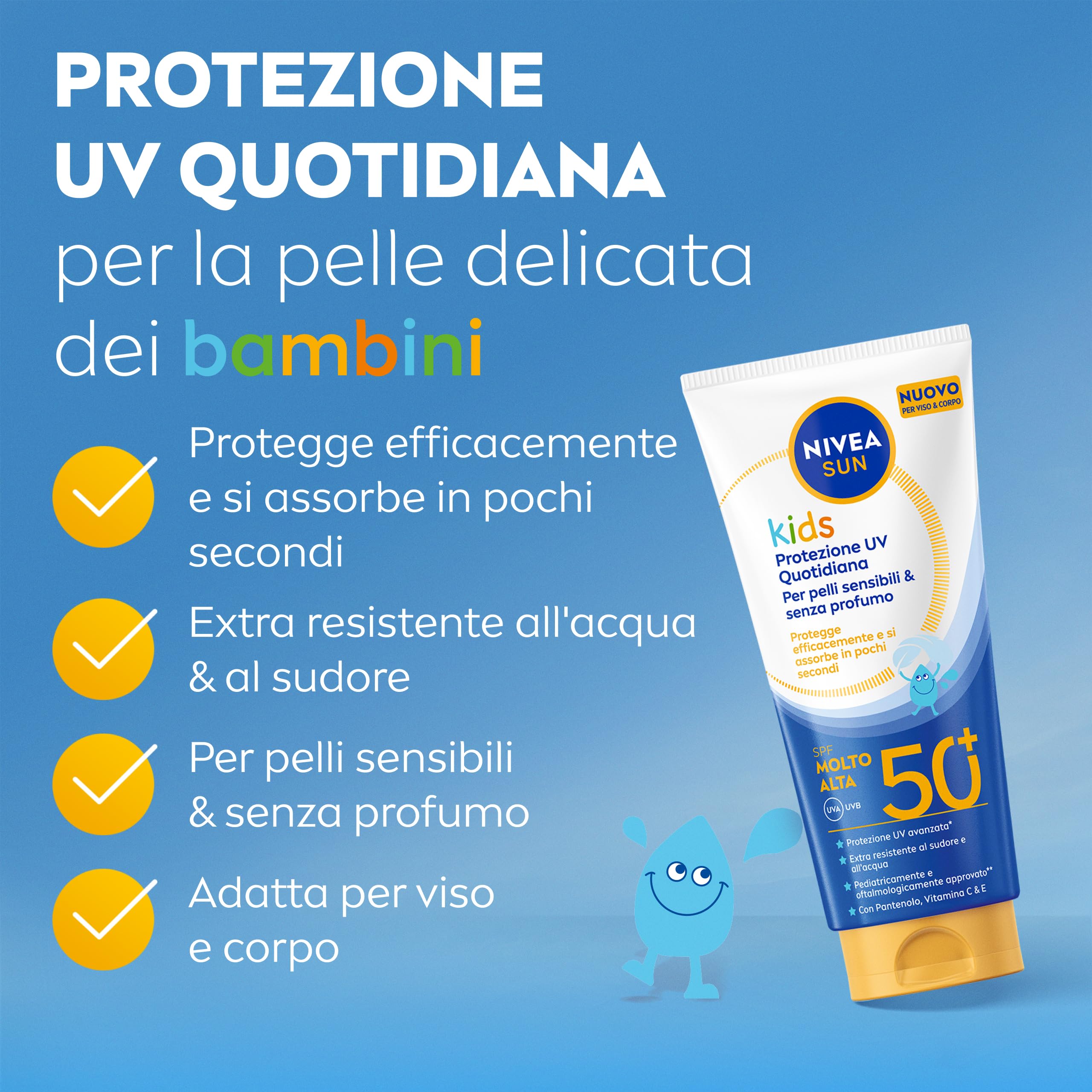NIVEA SUN Kids Protezione UV Quotidiana SPF 50+ 100 ml, Crema solare 50 bambini per viso e corpo, Protezione solare 50 bambini extra resistente all'acqua, Per pelli sensibili, Senza profumo