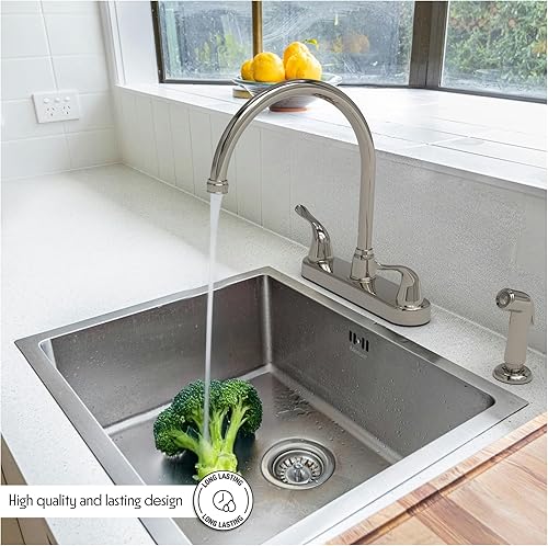 Miniatura 3 de Wasserman 23073124 - Grifo para fregadero de cocina RV con boquilla alta, doble mango, sin lavabo, con rociador lateral