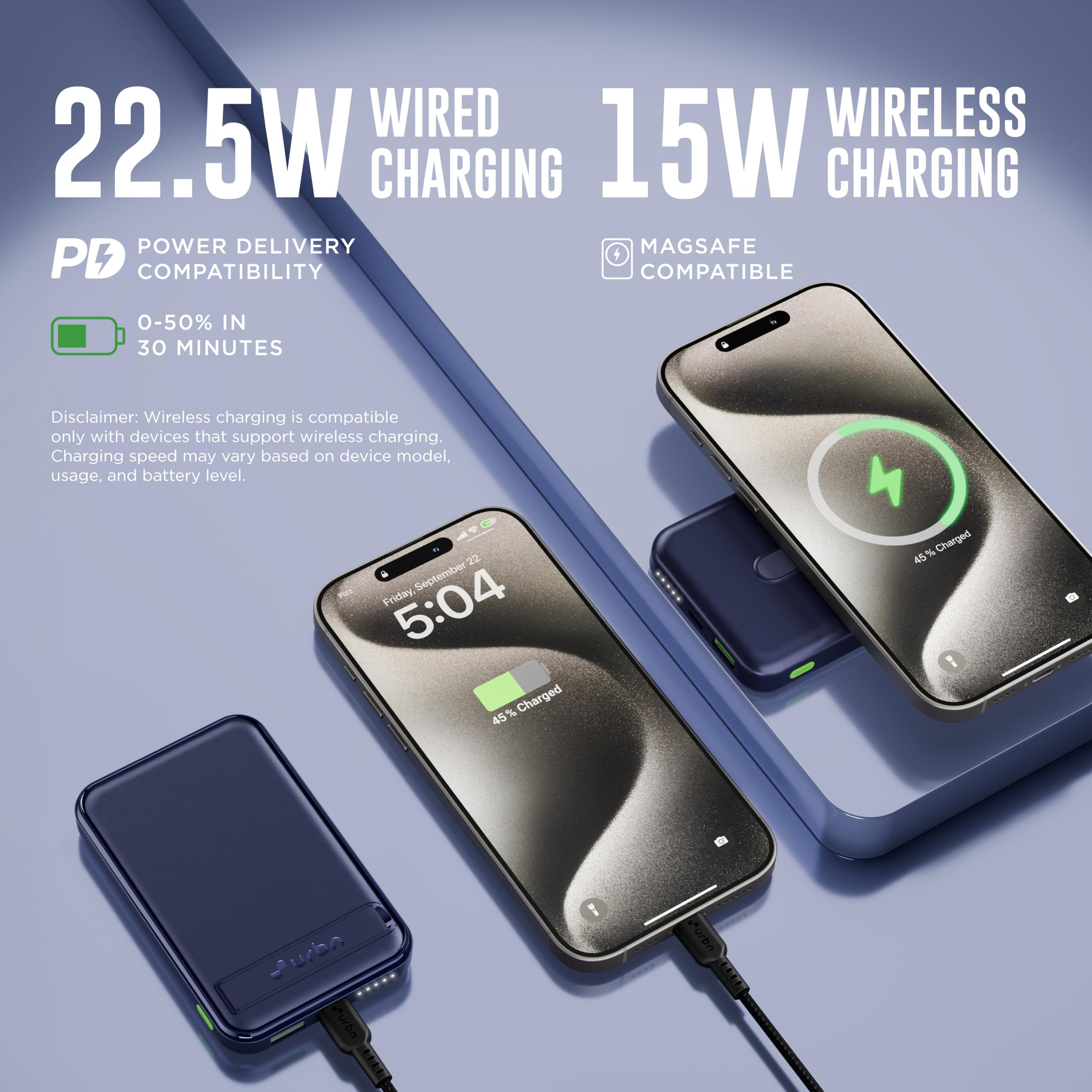 URBN Wireless Power Bank for iPhone, 10000mAh MagSafe Charging with Stand, 22.5W QC+PD Output, Strong Magnetic, for iPhone 12 & Above, Android & Other Qi Enabled Devices (Blue) — Amazon image 3