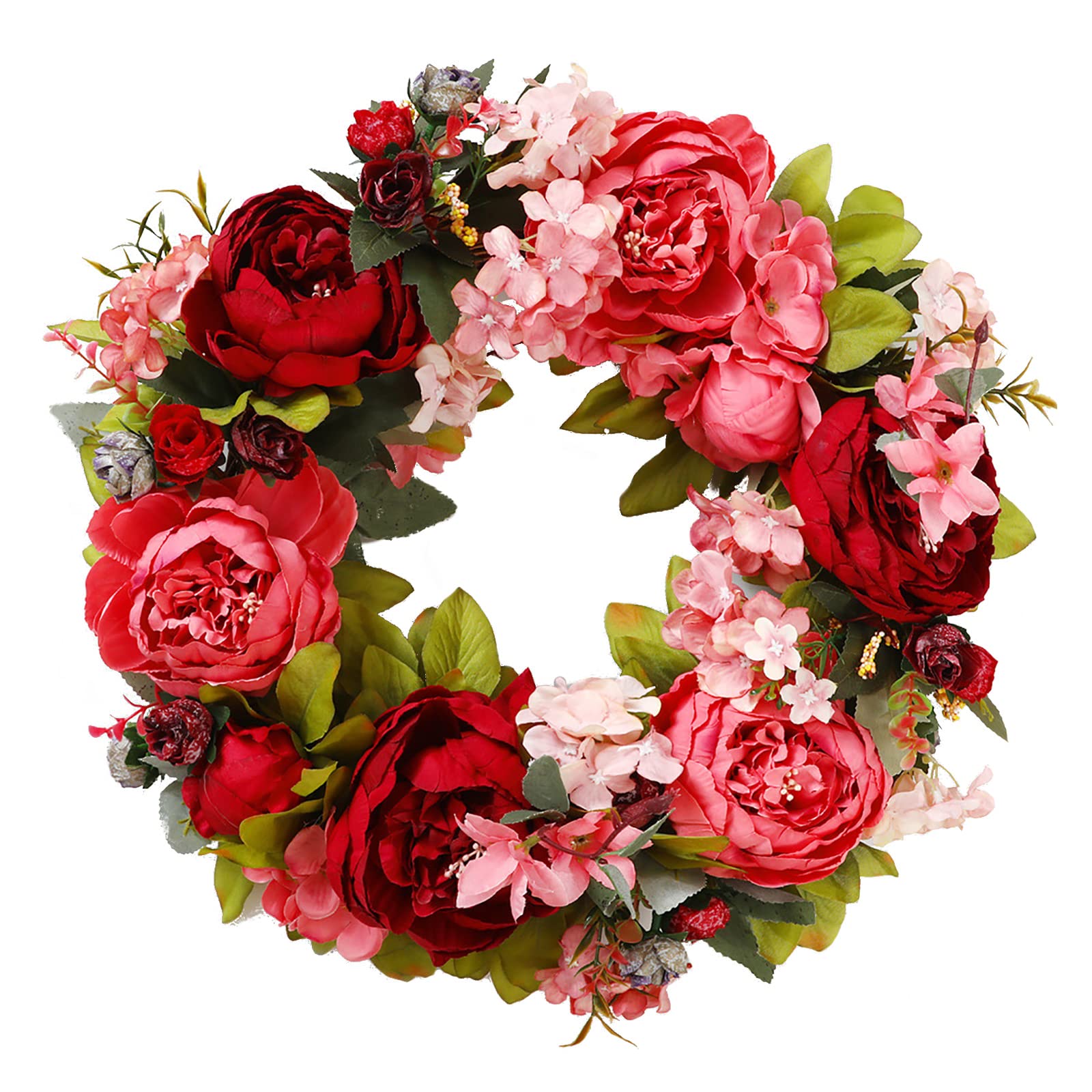 Tiavntd Red 15.7Inch Artificial Peony Hydrangea Flower Front Door Wreaths,Silk Door Wreaths Fake Peonies Artificial Wreath For Front Door Living Room Wall Garden Wedding Festival Decor