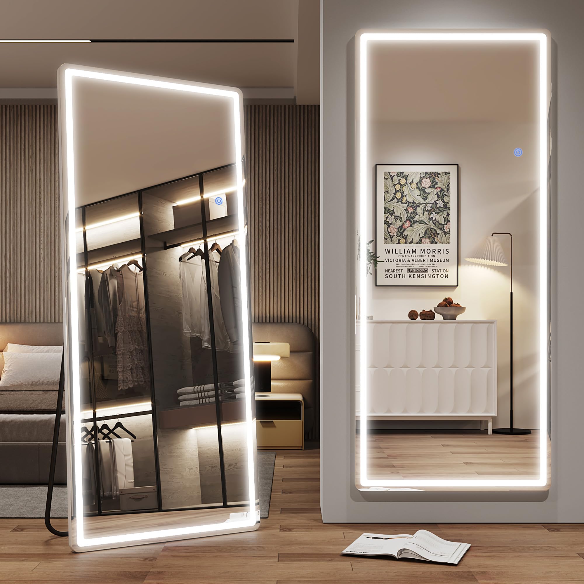 Antok LED Full Length Mirror, 71" x 28" Lighted Floor Standing LED Mirror Full Length,Hanging Mirrors with Stand Free Standing Floor Mirrors for Bedroom (Rect): 71"L x 28"W Rect Style White