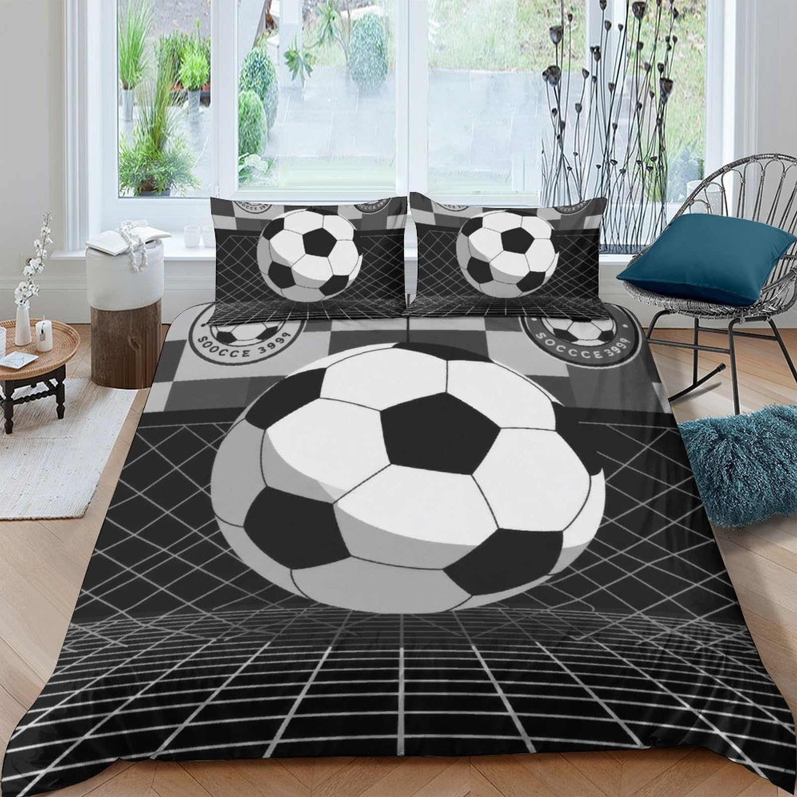 Ctjqhvkz Style-10 3D Printed Soccer Goal Fitted Sheet Microfiber Black And White Football Bed Cover For Bedroom Dorm Mattress Decor Single（135X200cm）