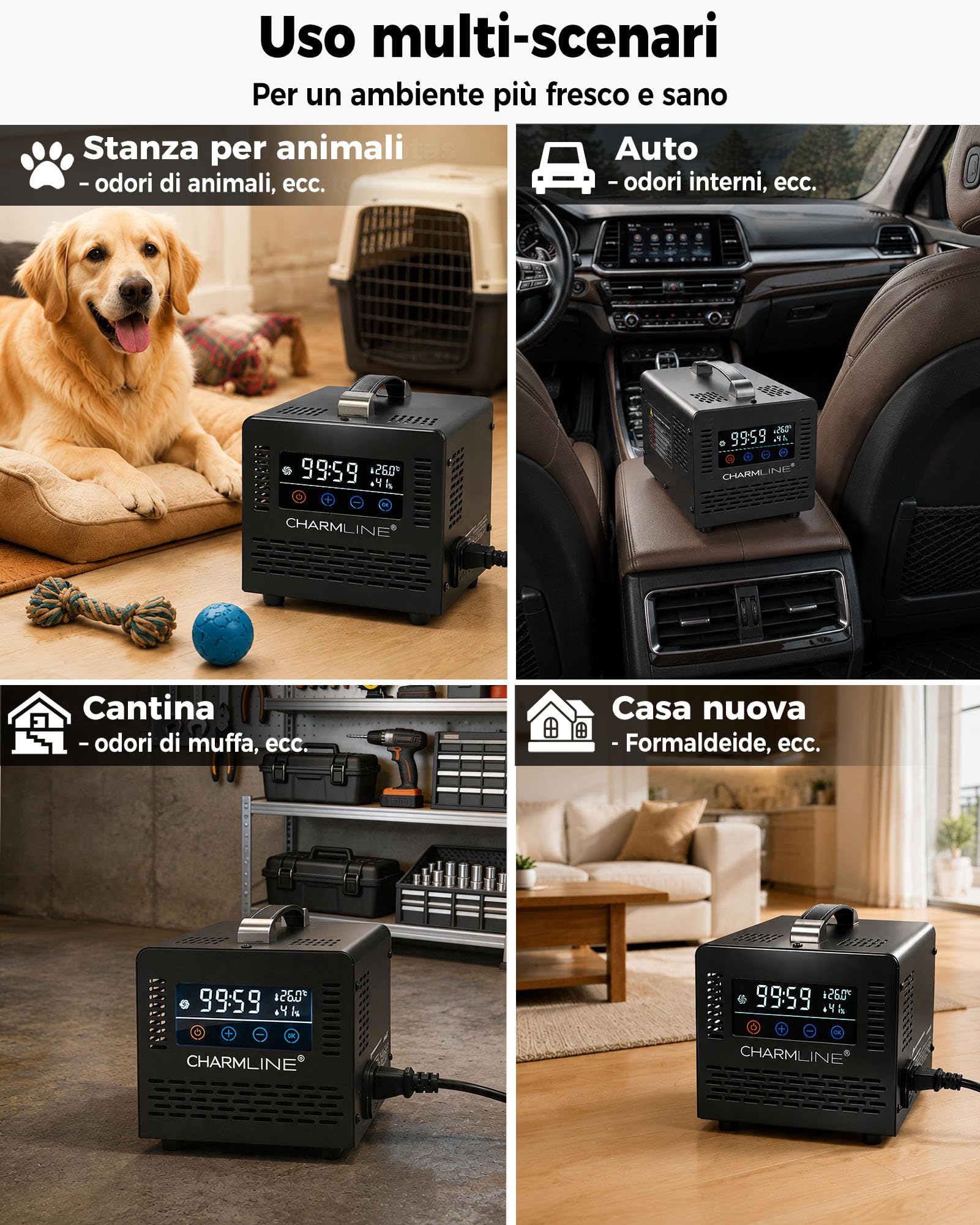 Charmline generatore di ozono smart per eliminazione odori in stanze, auto, aree animali e cantine, macchina ozono con telecomando, generatore ozono per casa fino a 500 m², 60.000 mg/h, Nero
