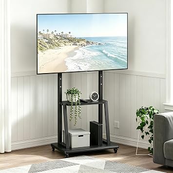 Mobile TV Stand on Wheels, Portable Rolling Floor TV Mount, Height Adjustable Television Cart for 40 70in TVs with Storage Shelves, Holds up to 60 kg, Home Office TVs Stand, Max VESA 600x400mm