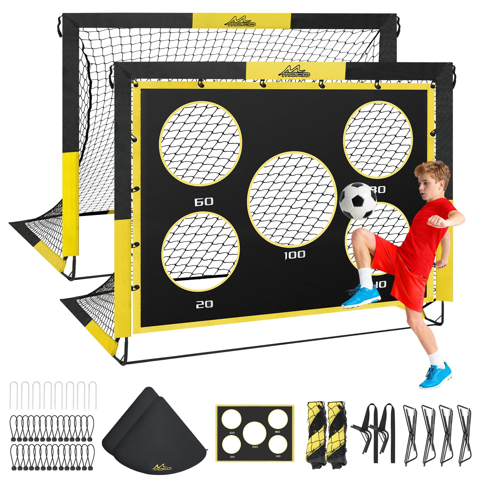 MoKo Portería de Fútbol para Jardín, 2 Paquete 5×4 FT Red de Portería Plegable con Panel de Blanco, Equipo Portátil de Entrenamiento de Fútbol para Niños, Juego de Deportes de Exterior, Negro+Amarillo