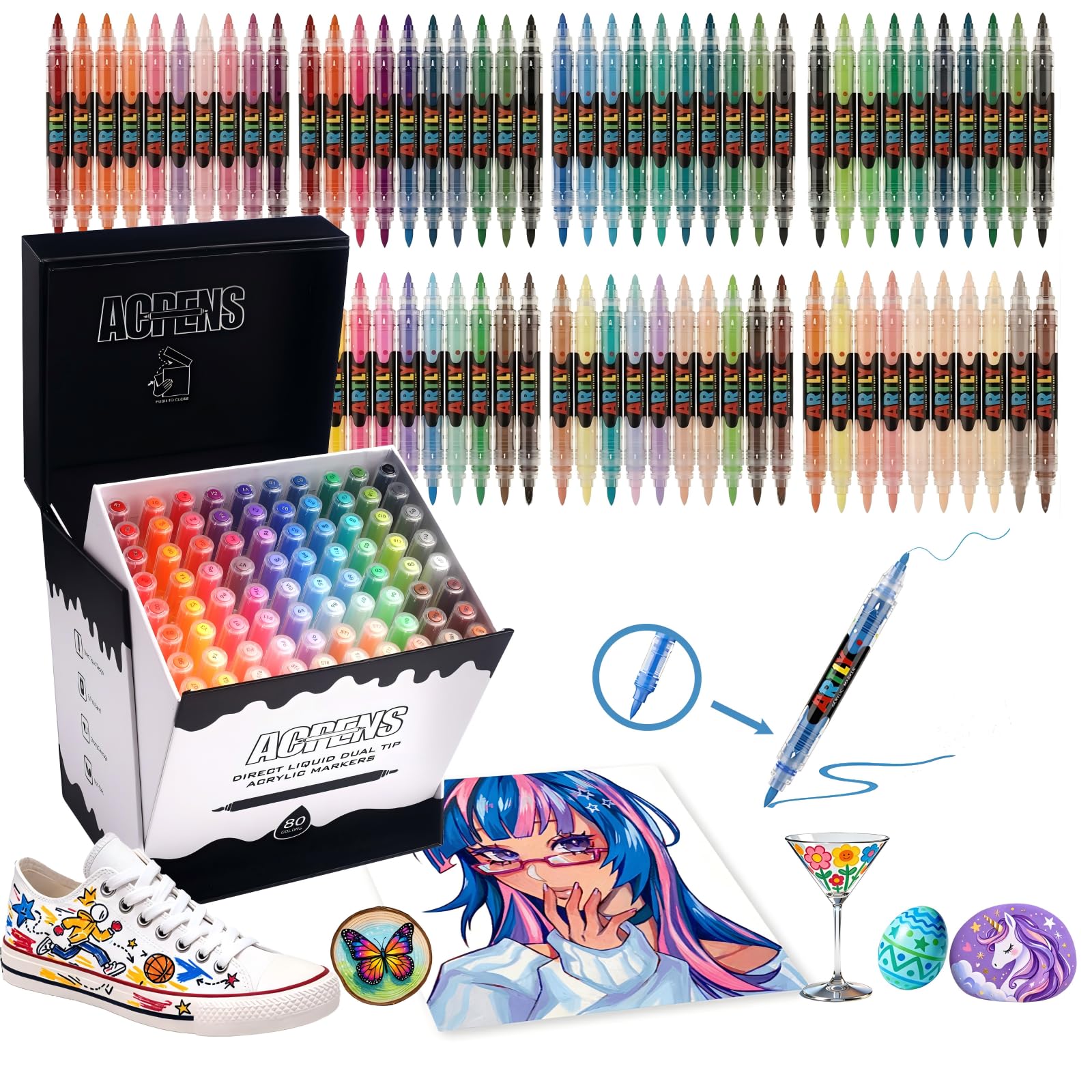 Auslaufsichere acryl stifte, acrylmarker set mit Dual-Spitze, 80 hochdeckende Farben, anti-austrocknend, robuste Spitzen, mit Etui für Holz, Glas, Stein, Leinwand