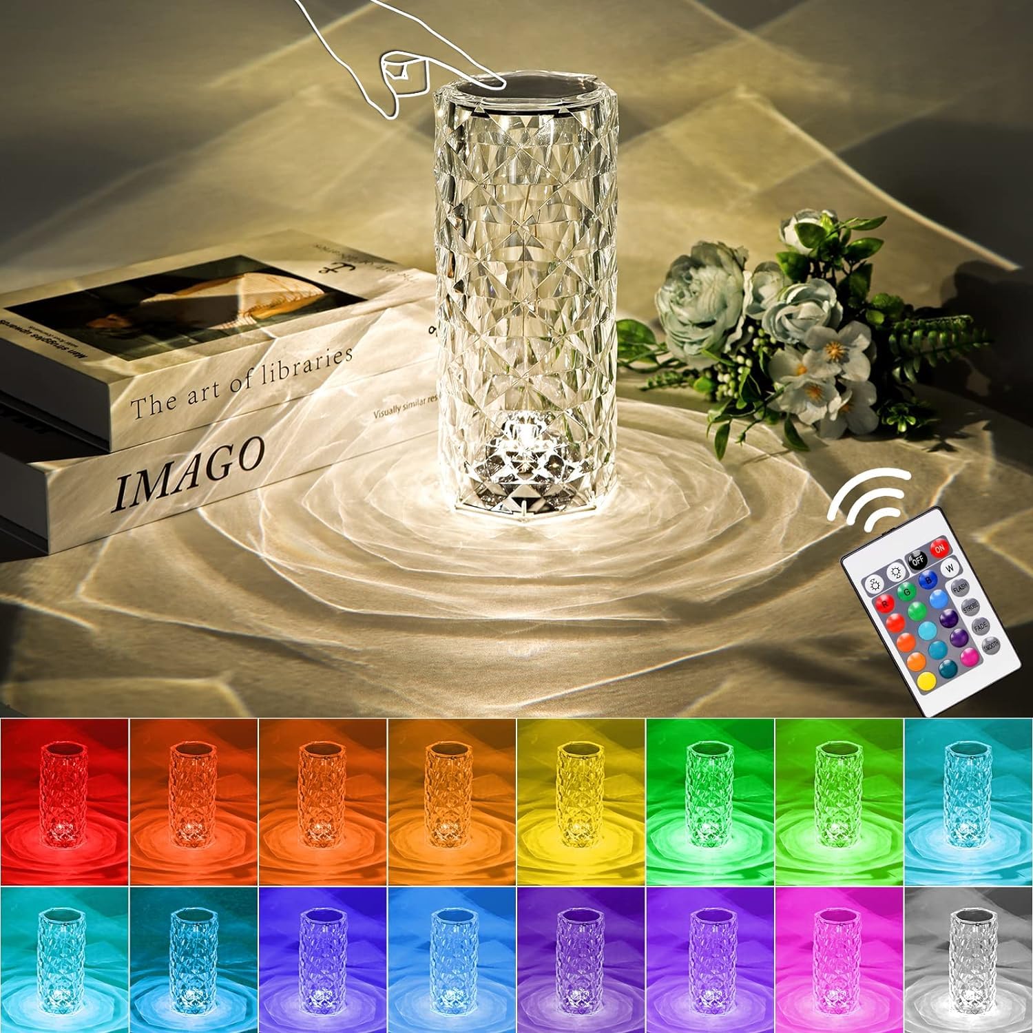 Action Pro Crystal Lamp,Touch Control Crystal Table Lamp,Crystal Rose Lamp with 16 Colors,RGB Night Light with USB & Remote Control,LED Rose Diamond Touch Lamp for Bedroom, Rechargeable Rose Ligh