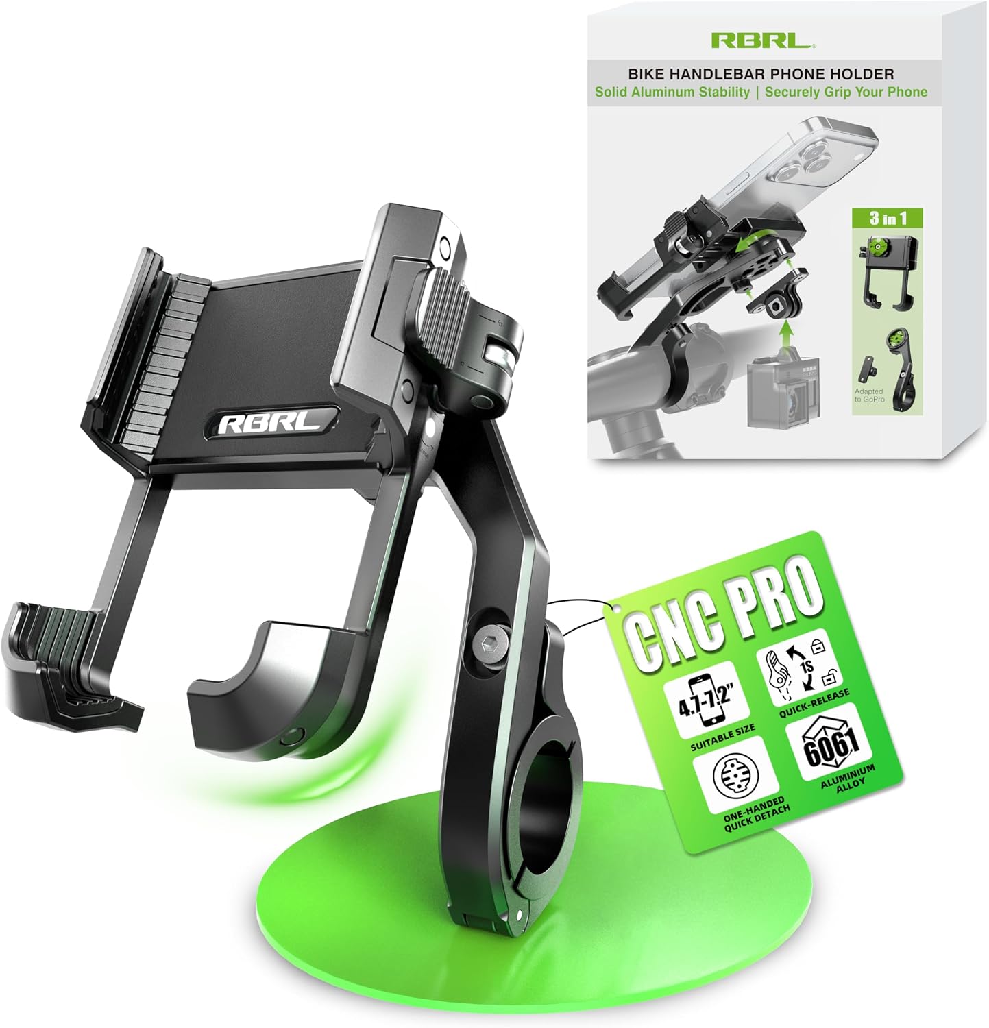 RBRL Bike Phone Mount,1s Quick-Lock Bicycle Handlebar Phone Holder,CNC Machined & Forged Aluminum for Ultimate Stability,Anti-Shake V-Shape Clamp for Ebike,No Camera Block,Fits 4.7–7.2" Phones