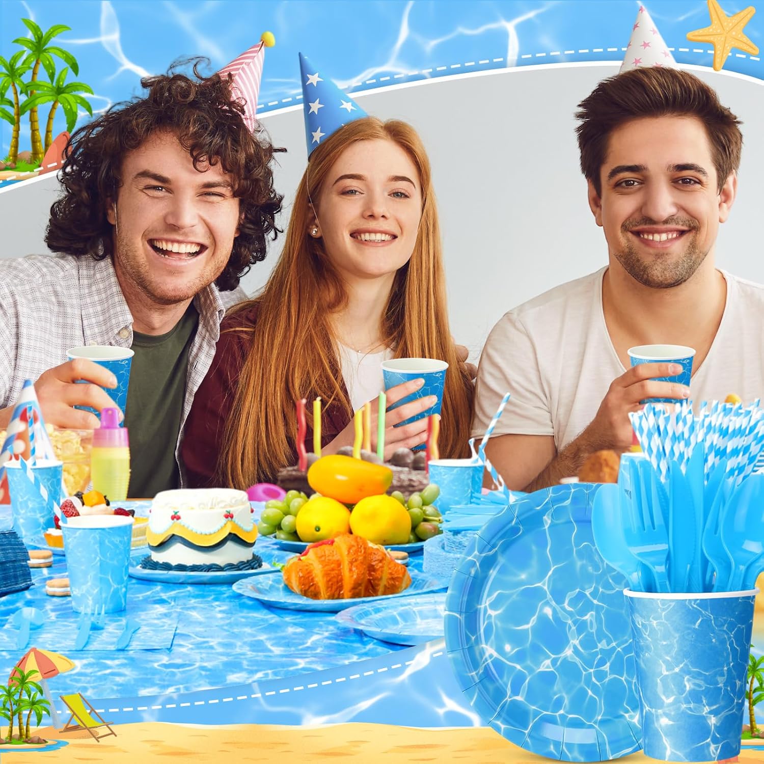 Pickmesh 400 Pcs Ocean Waves Party Decoration Set, Disposable Sea Paper Plates and Napkins, Cups and Cutlery Supplies Ocean Themed Birthday Party Tableware, Serve for 50 Guests
