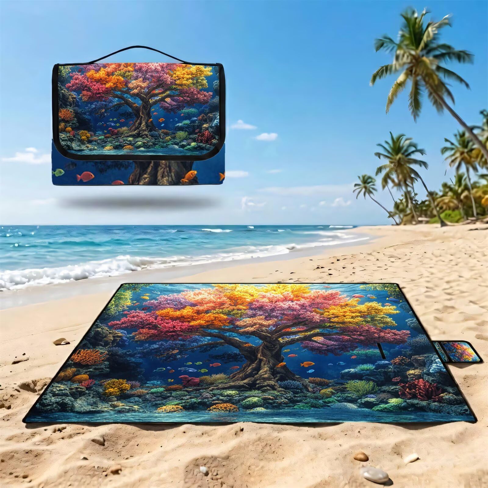 Coperta de Picnic 150x200 cm, L'albero della vita Manta Picnic Impermeable Anti-Sabbia Manta de Playa Pieghevole, Outdoor Picnic Blanket per Spiaggia, Camping, Giardino, Trekking - Pesce (2) UZ-900