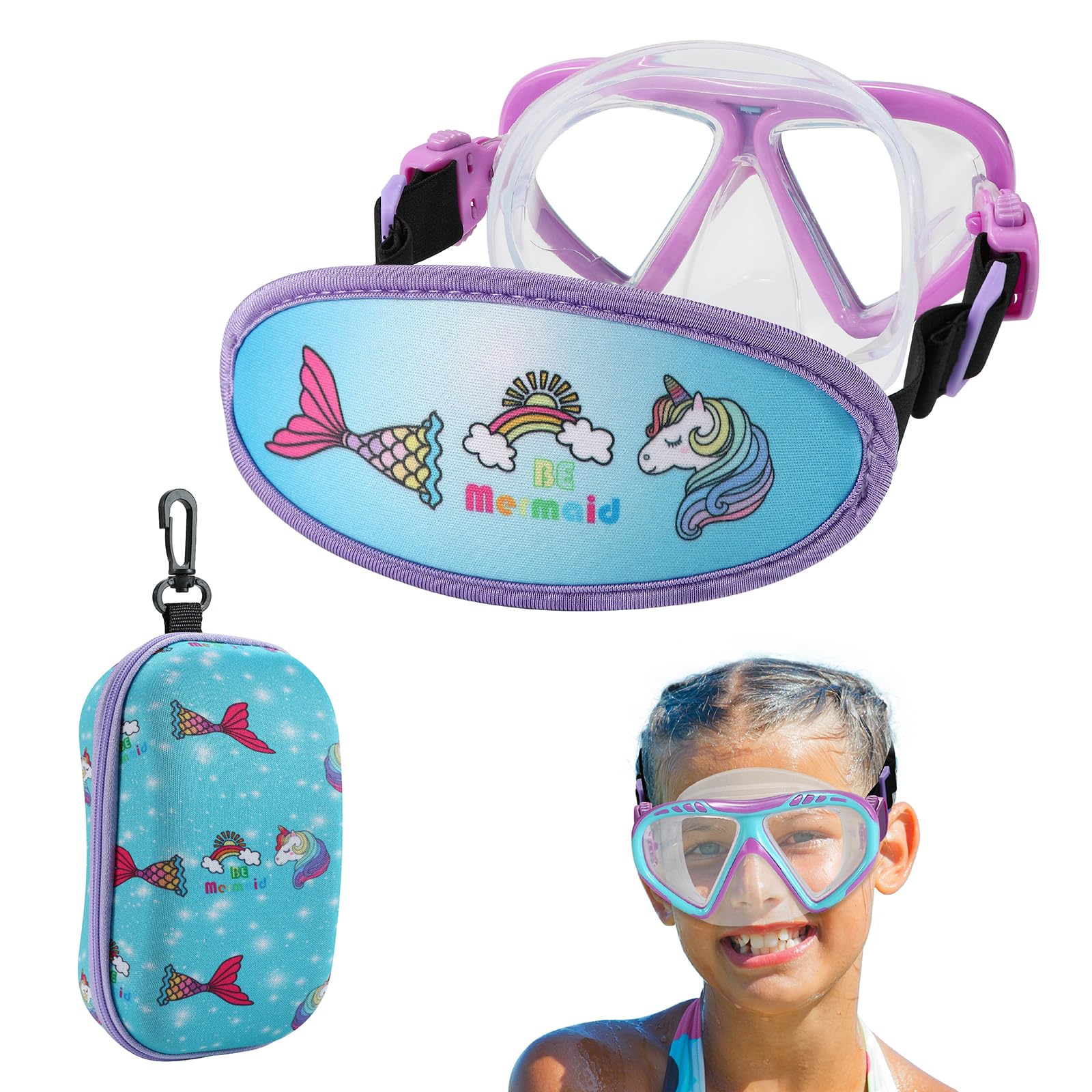 Toddler Swim Goggles Nose Cover,Kids Goggles No Hair Pull,Anti Fog Children Swimming Mask (1PK - Purple Unicorn)