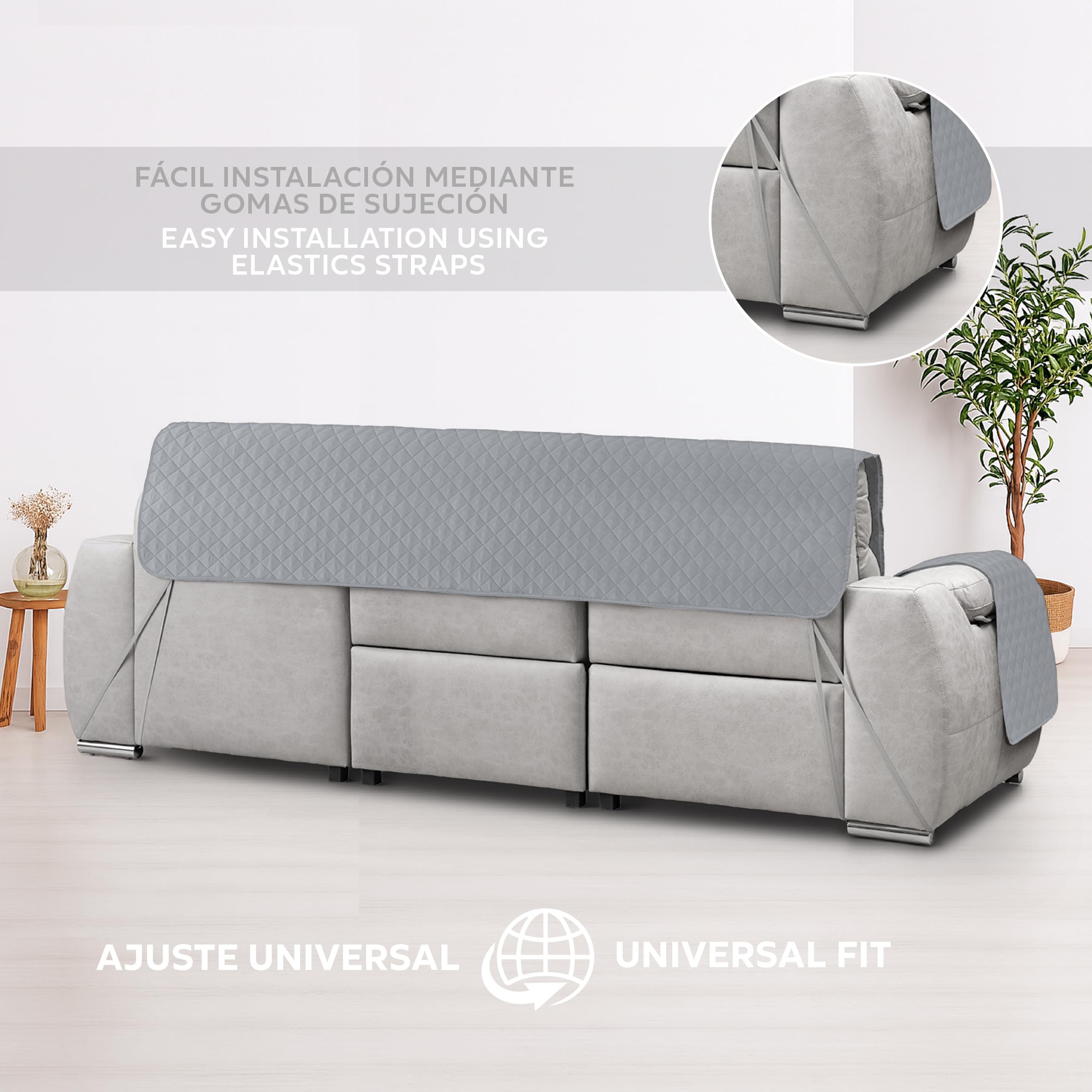 Textilhome Copri divano con Penisola Sinistra, Copridivano Chaise Longue CIRCUS – Salvadivano Trapuntato Universale con Bracciolo, Antimacchia, 200 cm, Grigio Chiaro