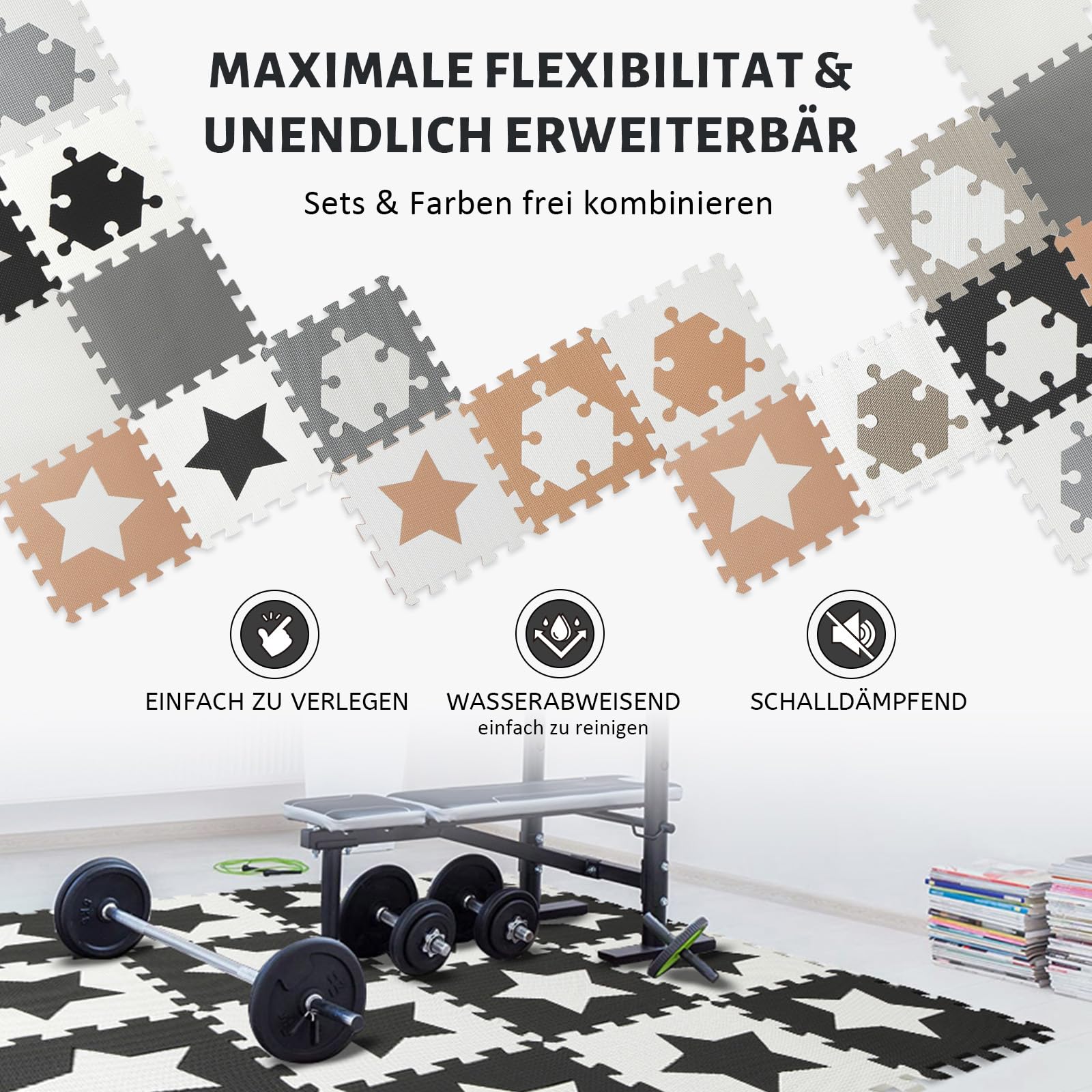Tapete Puzzle 20 Piezas EVA Tapete Gimnasio Fitness Suelo Goma Protección Suelo Gimnasio Tapete Juego Niños Gateo Antideslizante con Bolsa Transporte(Negro Blanco)