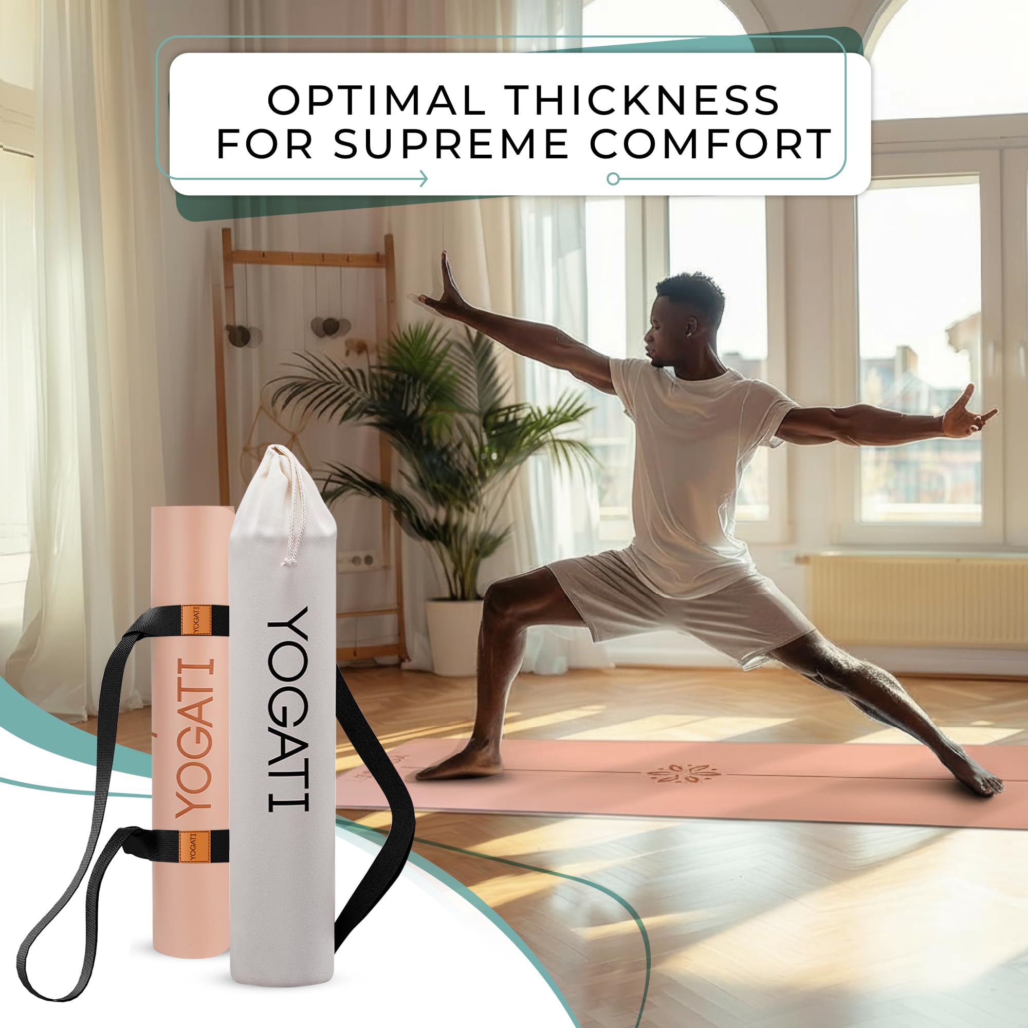 YOGATI® Tappetino Yoga Antiscivolo Per Donna | Tappetini in Gomma Per Pilates Con Linee Di Allineamento, Grande Tappetino Per Esercizi Con Borsa E Tracolla Per Palestra, Allenamento a Casa