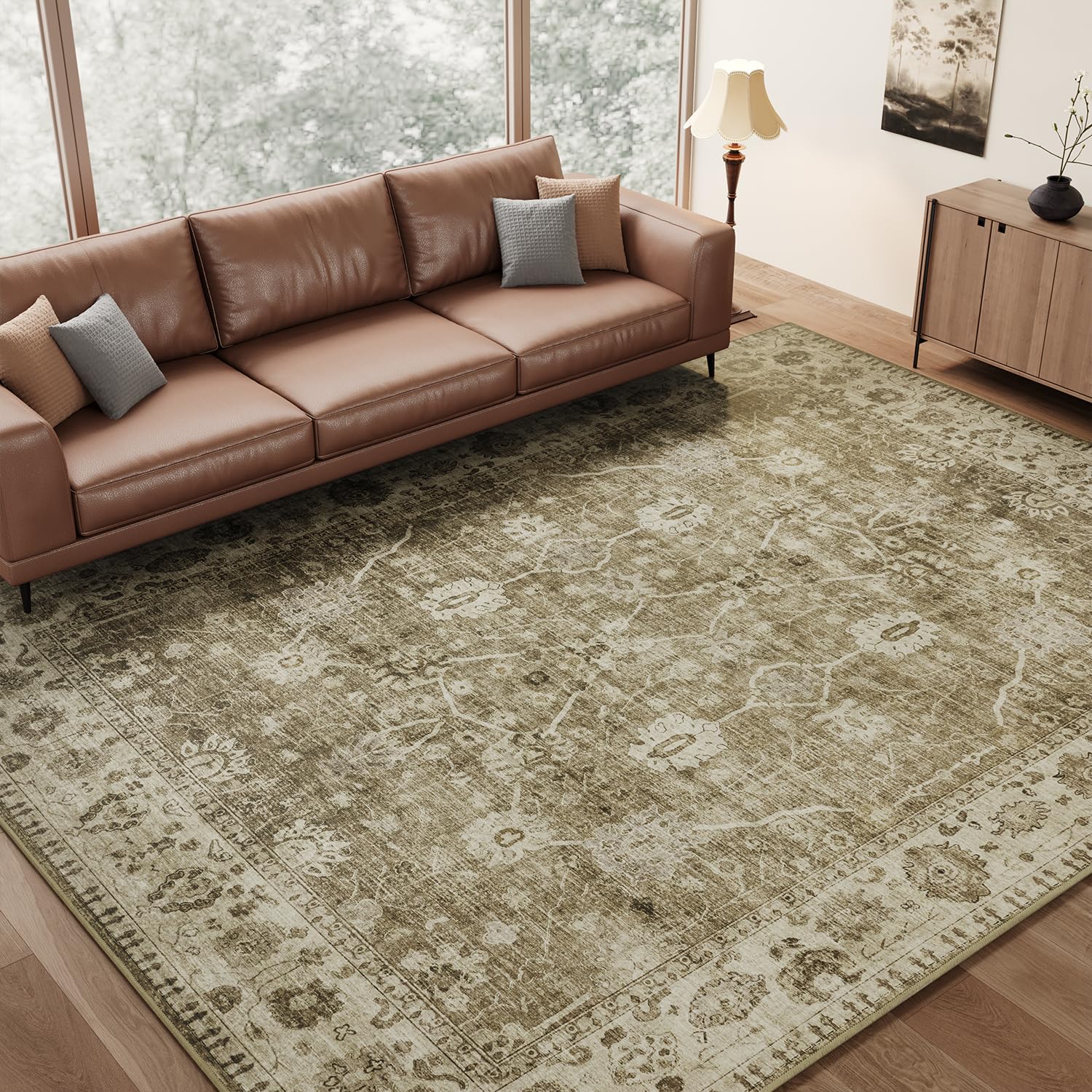 AMOAMI-Vintage 8'x10' Area Rugs for Living Room Washable Area Rug Non-Slip Low Pile Non-Shedding Floral Print Carpet for Bedroom Dining Room Office Double Latte