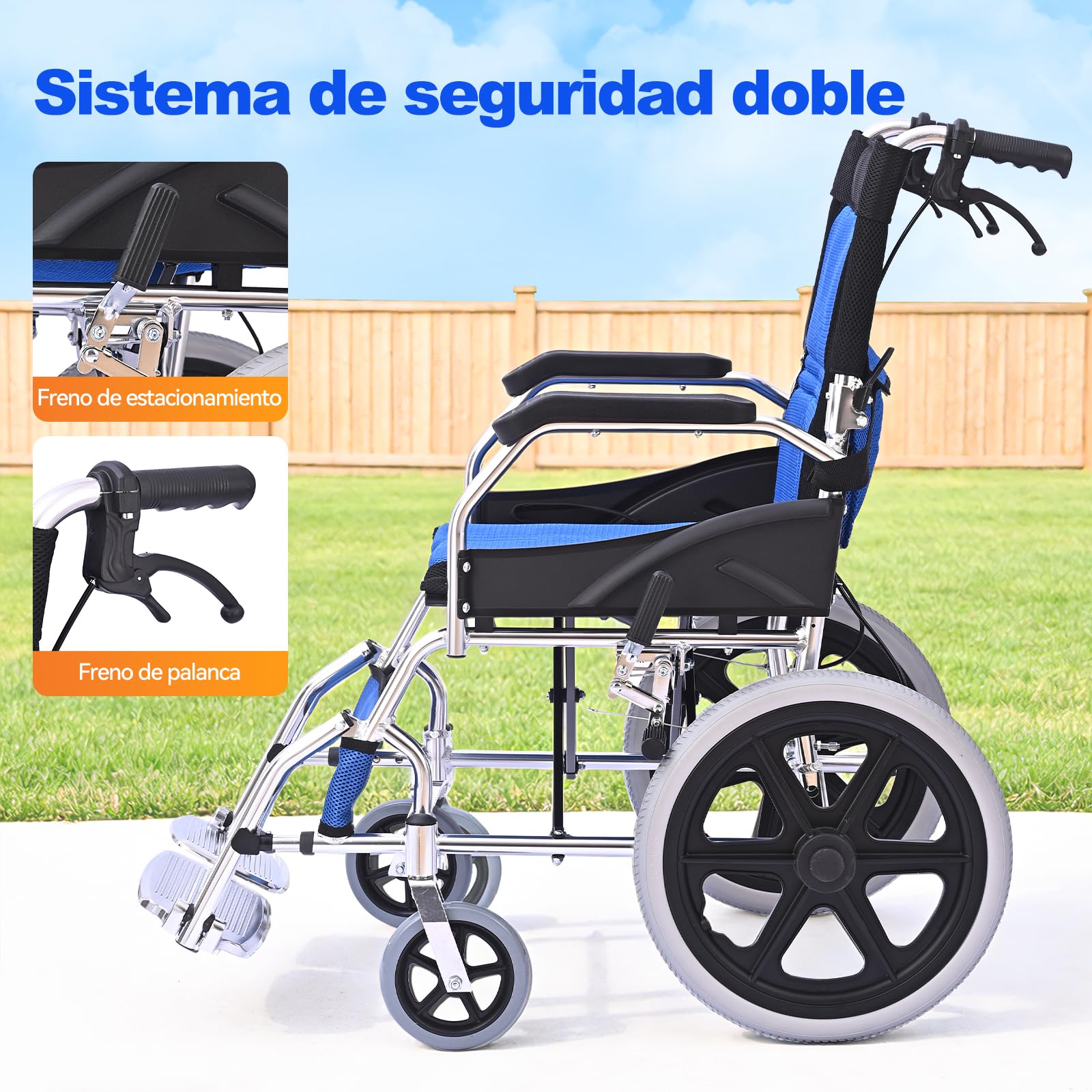 M3 Silla de Ruedas Plegable y Ligera - Doble Freno, Capacidad de Carga 100Kg, Reposapiés Plegables, Ideal para Personas Mayores y con Movilidad Reducida-Azul