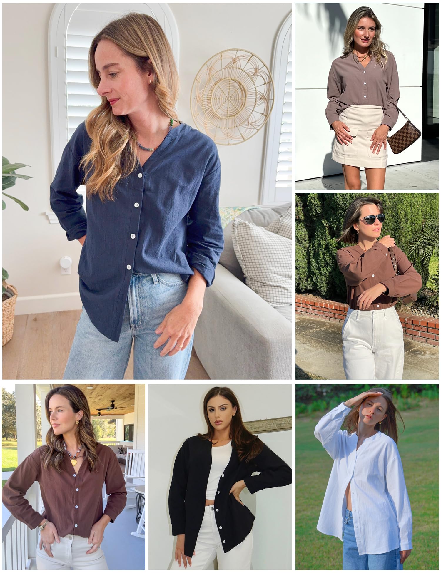 Rapbin Camicette da donna a maniche lunghe, in cotone, con scollo a V, con bottoni, casual, da lavoro, ufficio, camicette larghe