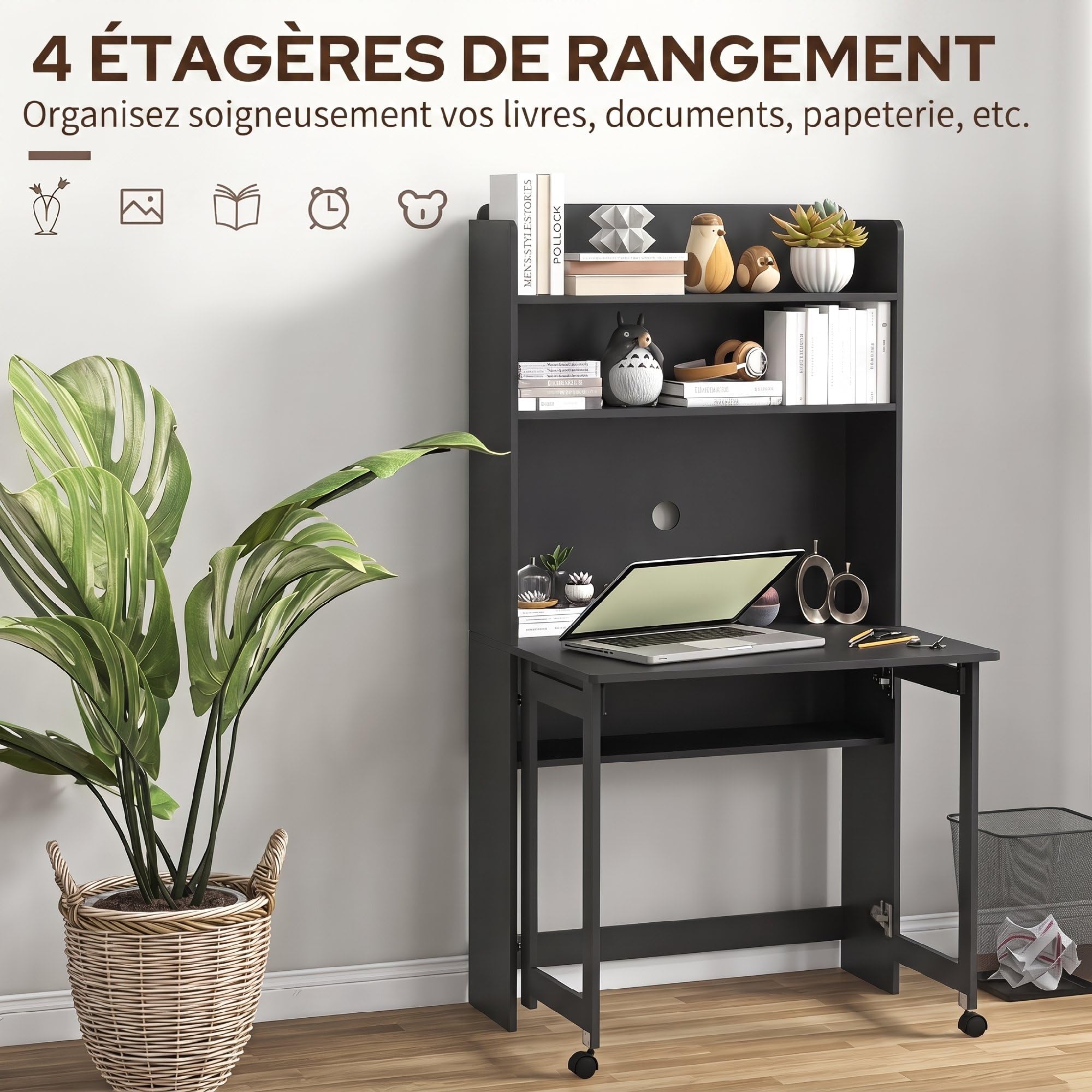 HOMCOM Bureau Informatique avec Étagères de Rangement 80x69x155cm Noir
