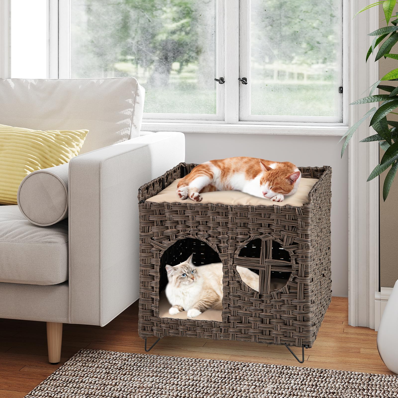 COSTWAY Casetta per Gatti in Rattan 50,5 x 45 x 50 cm, Cuccia a 2 Piani per Gatti con 2 Cuscini, Letto per Animali Domestici per Camera da Letto e Soggiorno