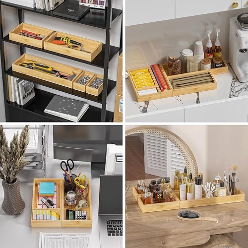 Miniatura 7 de Organizador de cajones de bambú, bandeja de cubiertos apilable estrecha para cocina, 2 piezas de cubiertos y caja de utensilios, 12 x 3 x 2 pulgadas