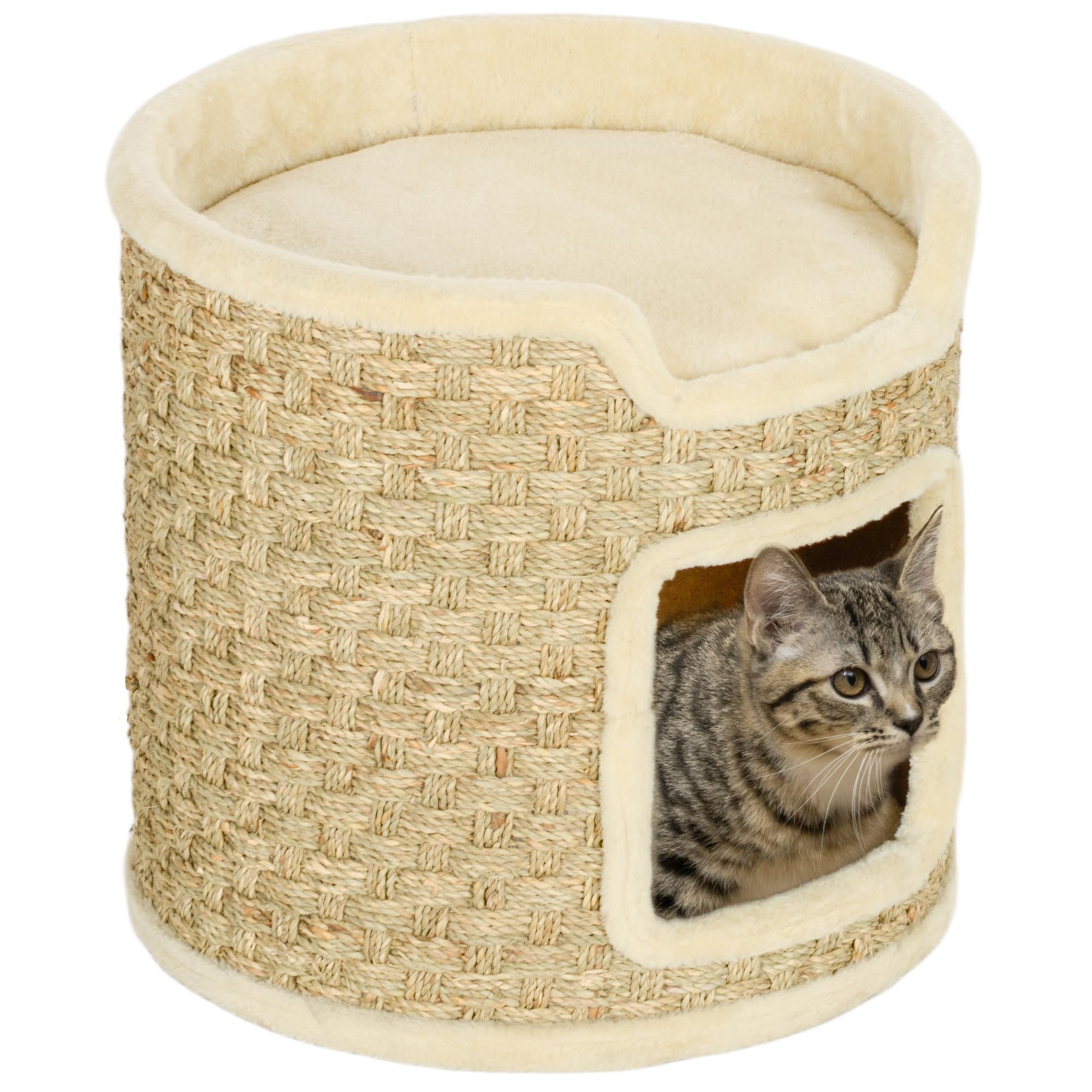 PawHut Barril Rascador para Gatos con Cueva, de Sisal, Ø38x37 cm, Caqui