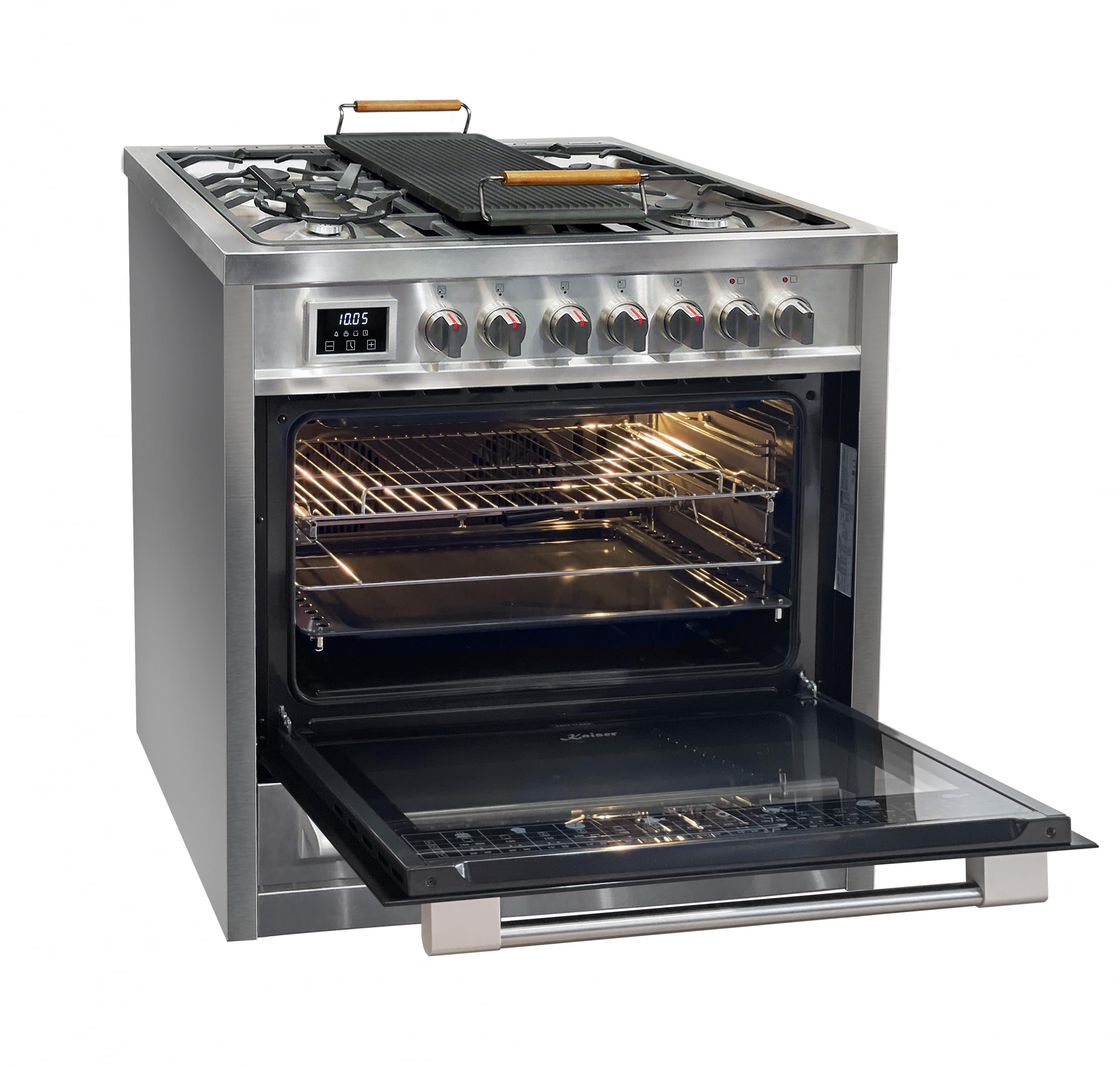Kaiser Gasherd 90 cm HGE 93505 R Turbo Freistehender Gas-Standherd mit Elektro Backofen XXL 115L · Herd Gaskochfeld 5 Brenner Turbo-Wok + Elektrobackofen 8 Funktionen · Edelstahl/Gusseisen