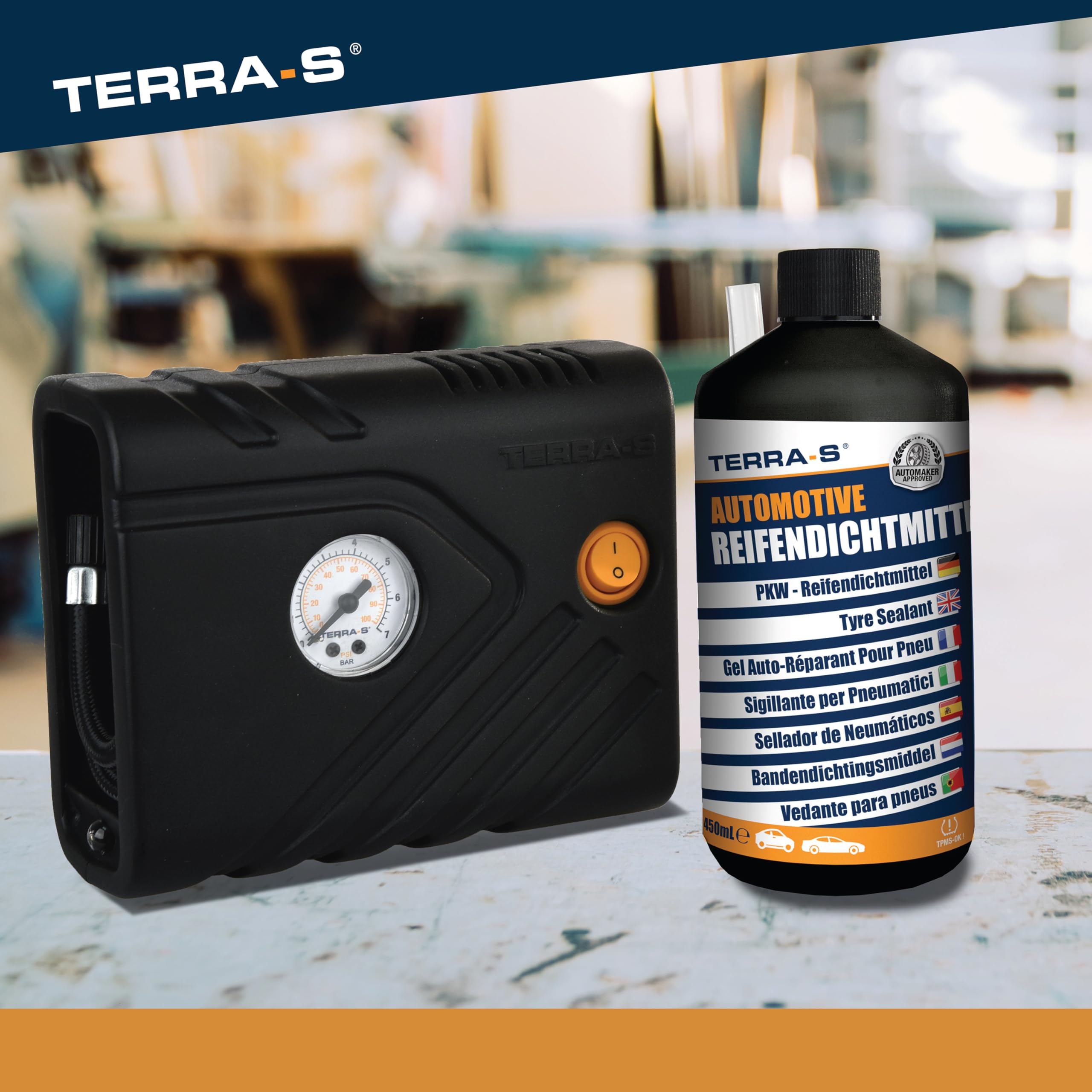 TERRA S T56000 T56000 Kit de réparation de pneu mobile d'urgence avec mastic et pompe à pneu Convient pour voiture et autres véhicules 15 minutes