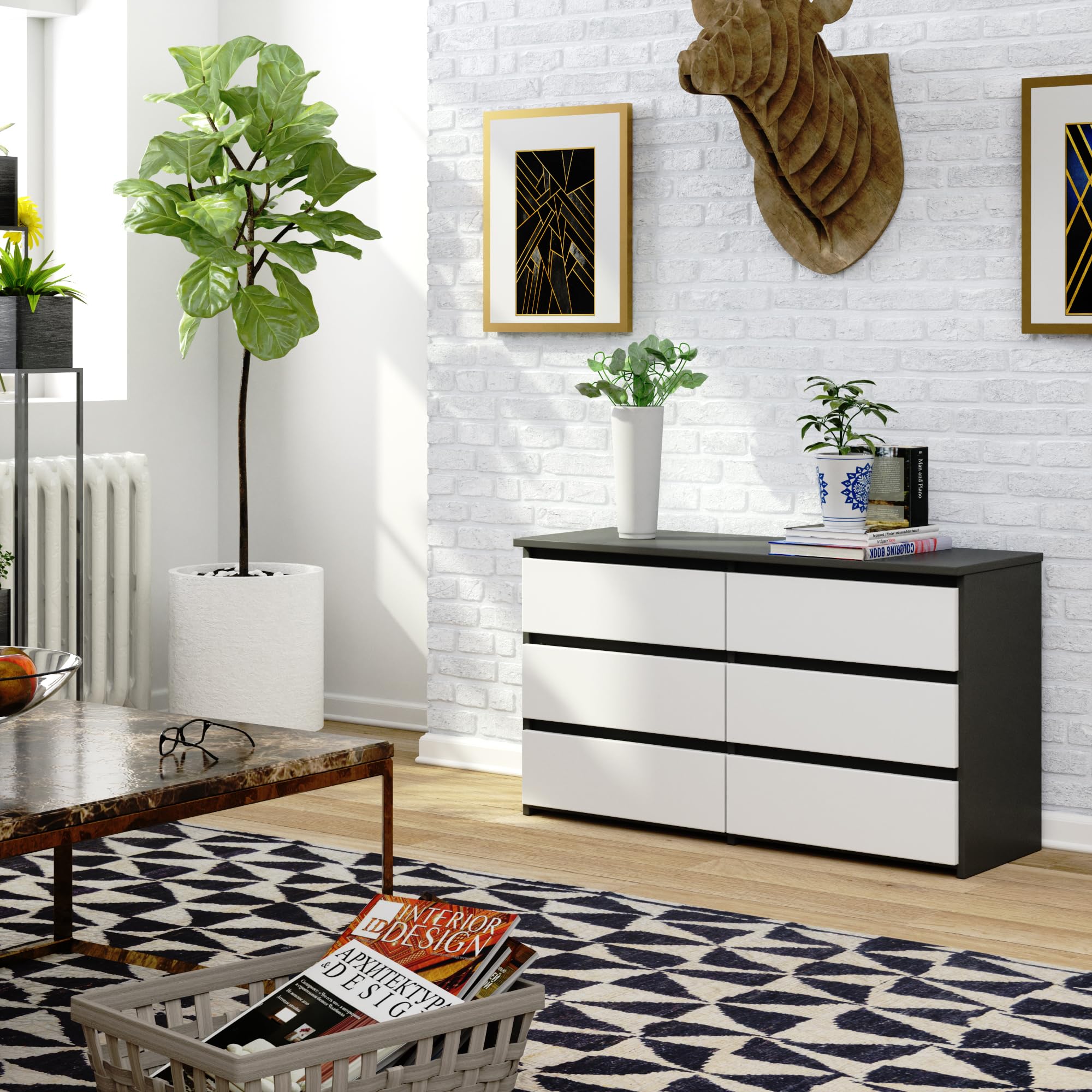 BDW - Cassettiera con 6 Cassetti - 100cm di Larghezza, 57cm di Altezza - Mobile, Credenza, Multiuso, Scarpiera, Classificatore - Soggiorno, Camera da Letto, Corridoio - grigio/bianco