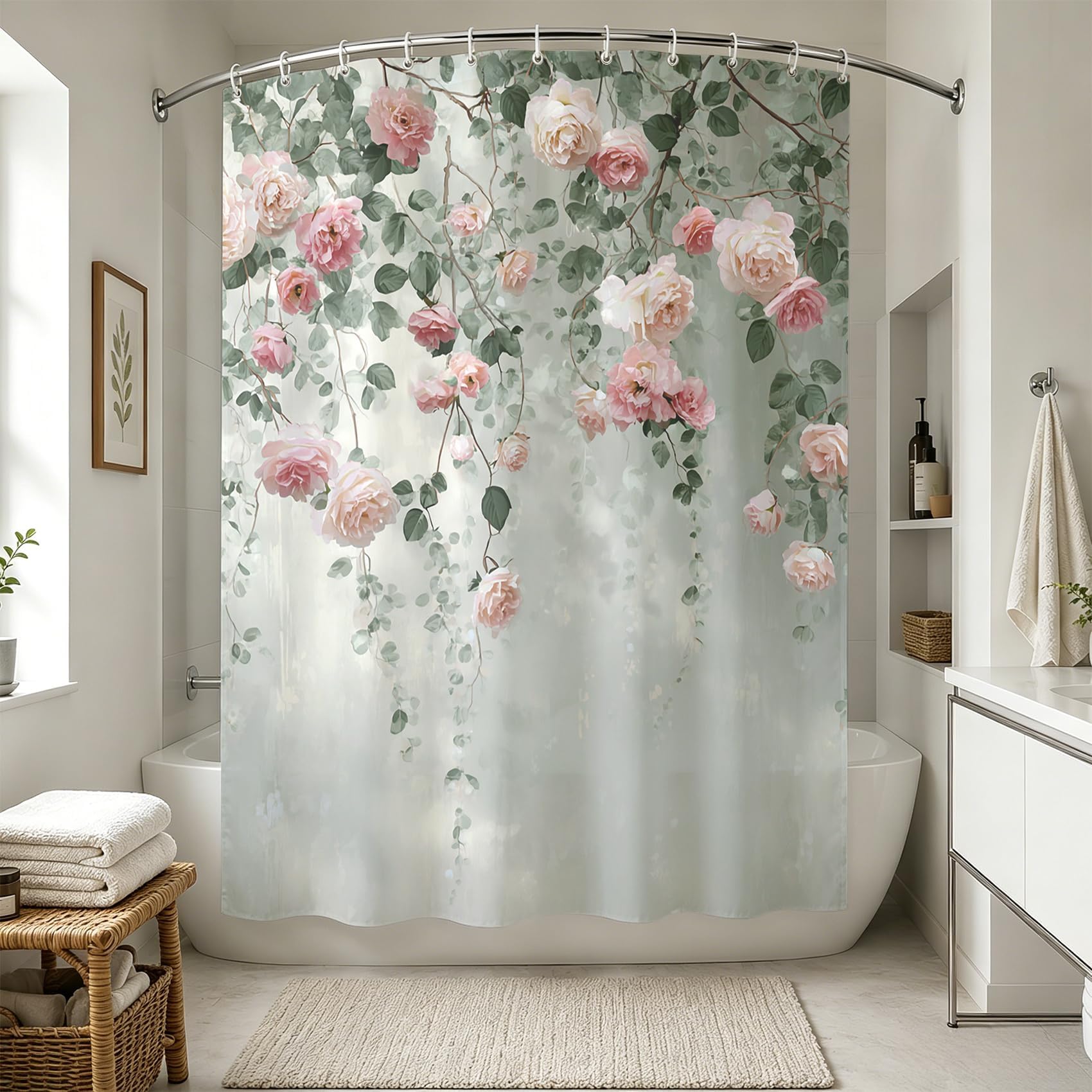 AUWUUA Pink Rose Shower Curtains 47x71in/120x180cm/WxH Watercolor Flowers Leaves Bathtub Curtain with Hooks, Waterproof Polyester Fabric Shower Curtain for Bathroom Bathtub Decor