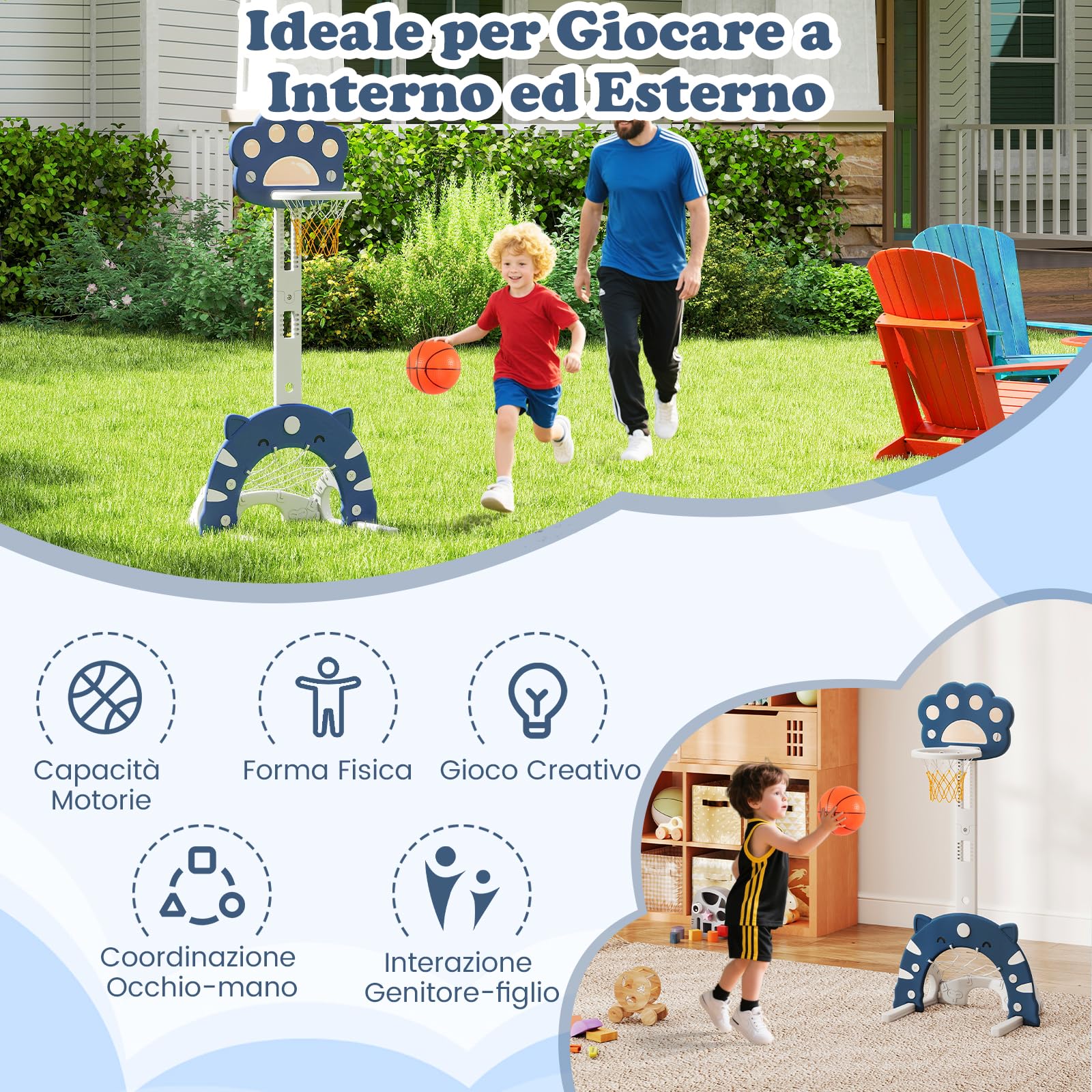 RELAX4LIFE Canestro da Basket 3 in 1 Regolabile in Altezza per Bambini, Pieghevole e Smontabile con Giochi di Calcio e Golf, Centro Sportivo per Bambini dai 3 Anni in Su (BLU)