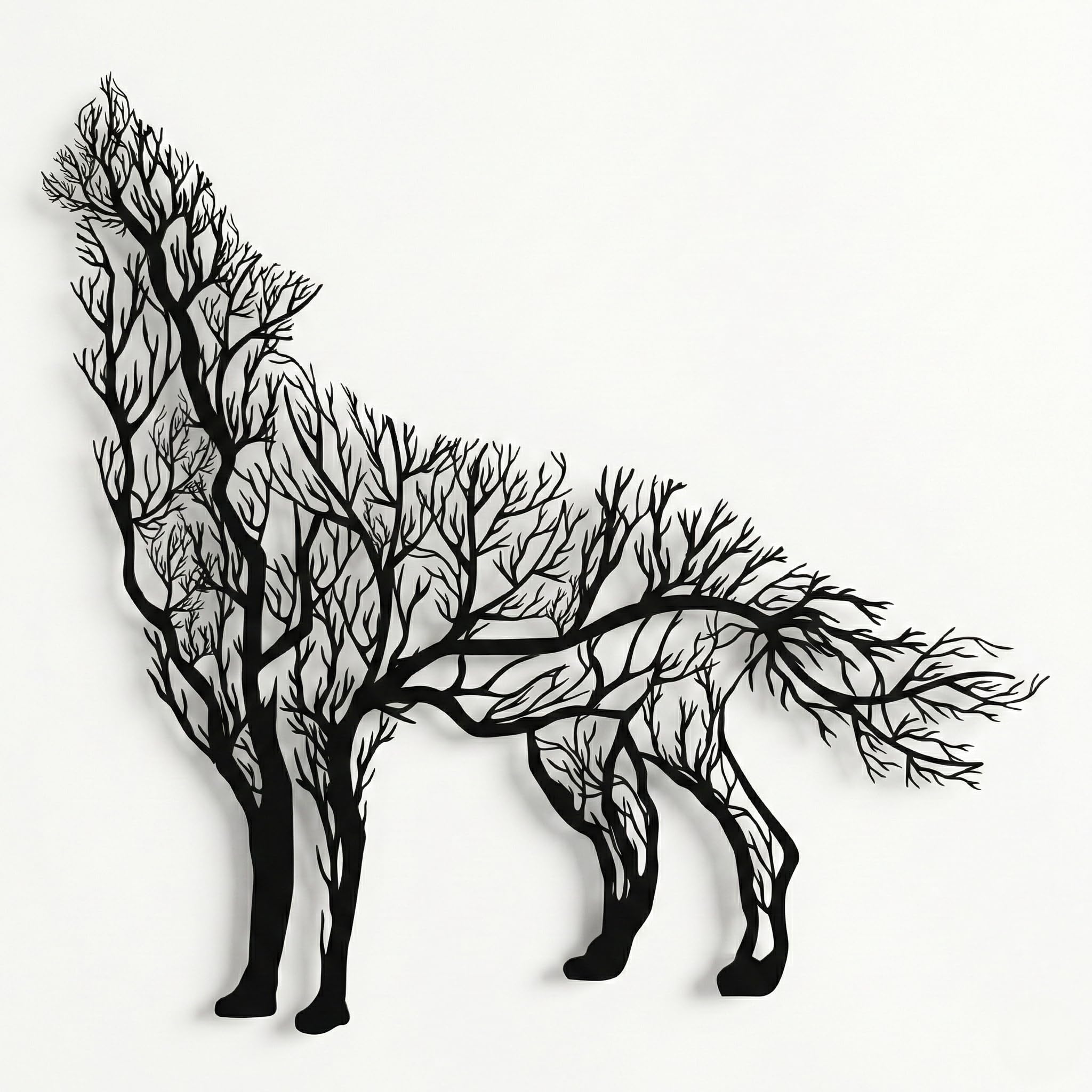 Decoración de pared de metal, lobo de árbol, decoración del hogar, letrero de pared, arte de pared de metal, decoración de interiores, colgantes de interiores y exteriores, arte minimalista, arte de