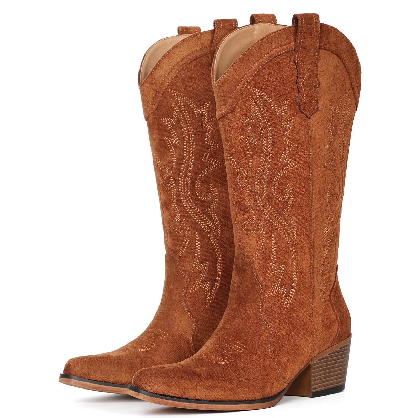 Cowboy Boots For Women Western Cowgirl Boots with Chunky Heel Mid Calf Snip Toe Ideal for low insteps, Brown Suede, 5