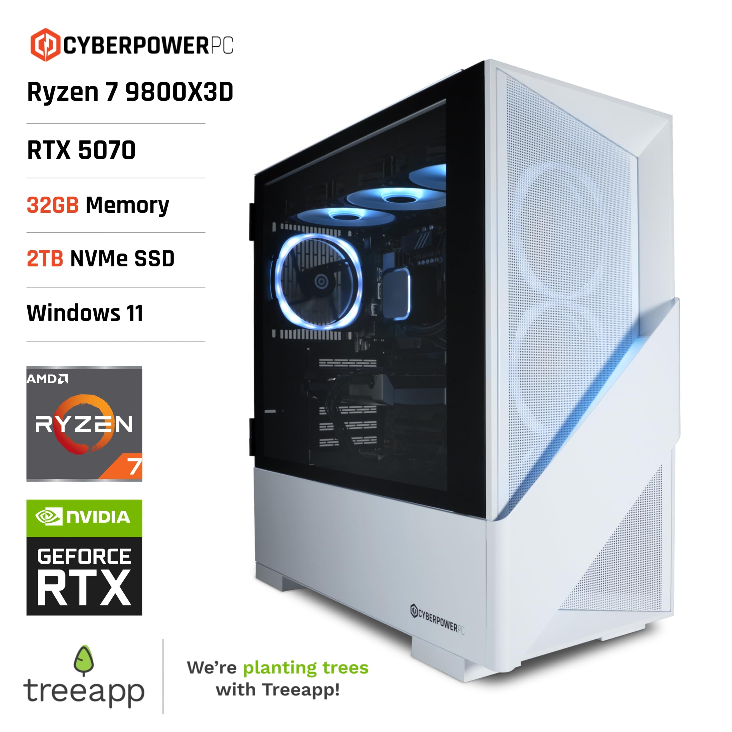 CyberPowerPC Luxe Gaming PC - AMD Ryzen 7 9800X3D, Nvidia RTX 5070, 32GB RAM, 2TB NVMe SSD, 650W PSU, Windows 11, Liquid Cooling, Amethyst 360M Airflow White