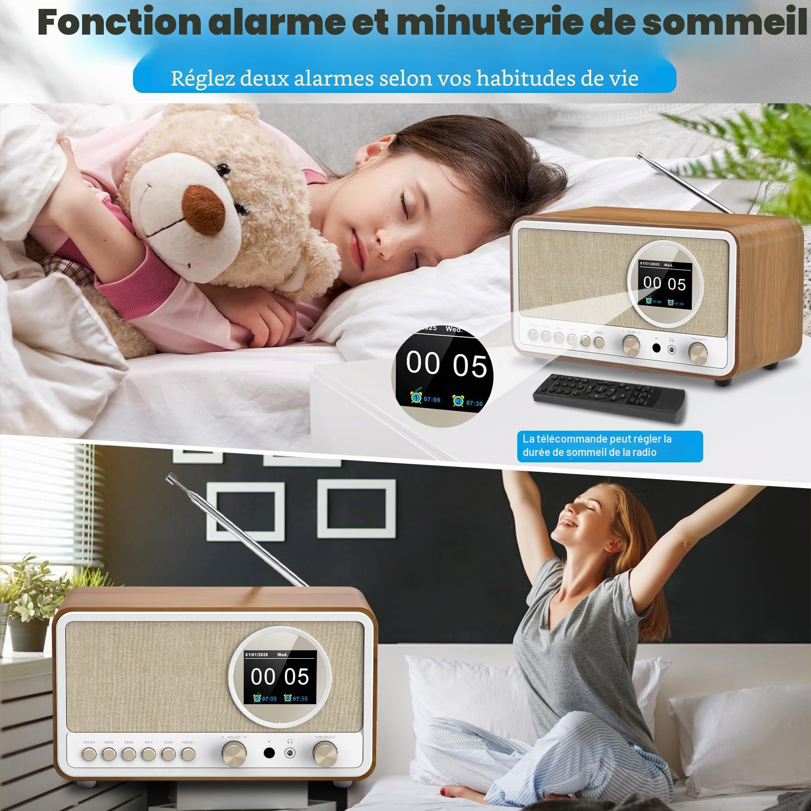Wholede Radio DAB+/FM avec Bluetooth, radio numérique de cuisine, radio DAB Plus, radio avec télécommande, radio de cuisine, radio-réveil avec minuterie de sommeil, alarme Snooze - USB/AUX-IN, noir