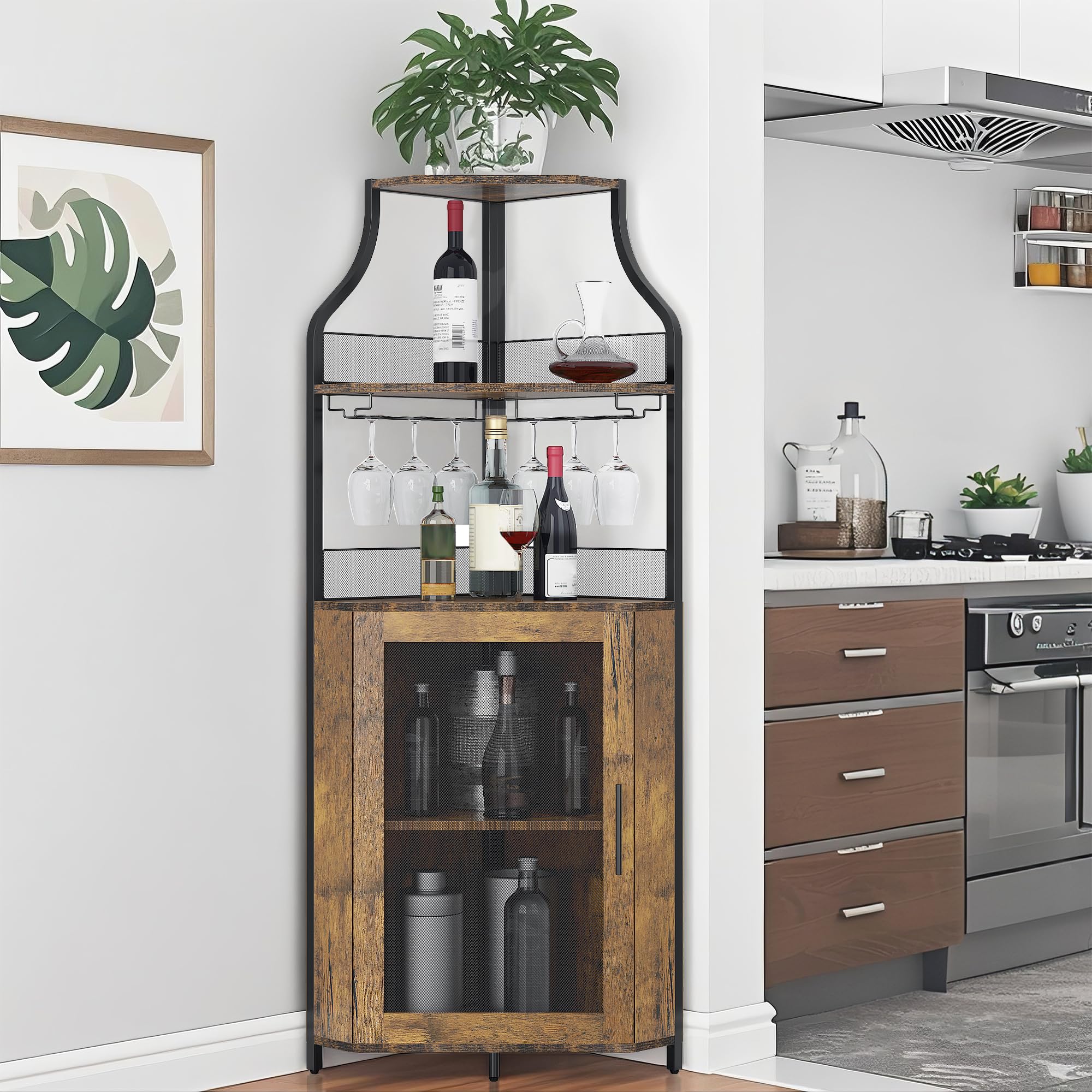 Litake Eckbar-Kommode, Flaschenregal Mit Verstellbaren Regalen, 5-Schichten Landhausweinkommode Mit Verschließbarem Tür Und Verstellbaren Füßen Für Esszimmer, Wohnzimmer, Küche, Rustikaler Braun