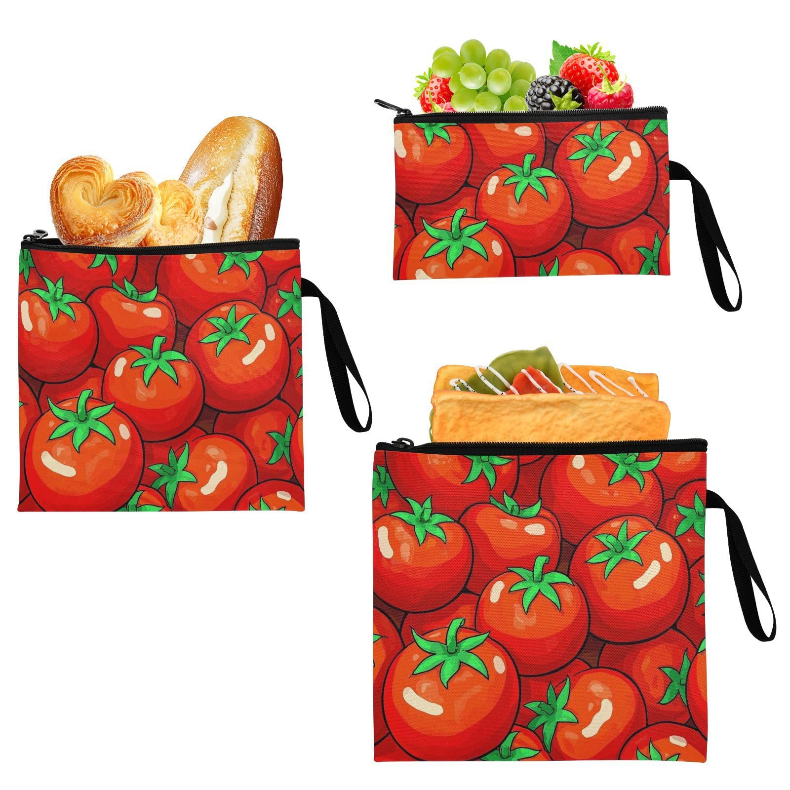 Yoogain Cute Cartoon Vegetable Tomato 3 Pcs Reusable Zipper Snack Bag Multi-Use Travel Bag for Work Picnic or Travel