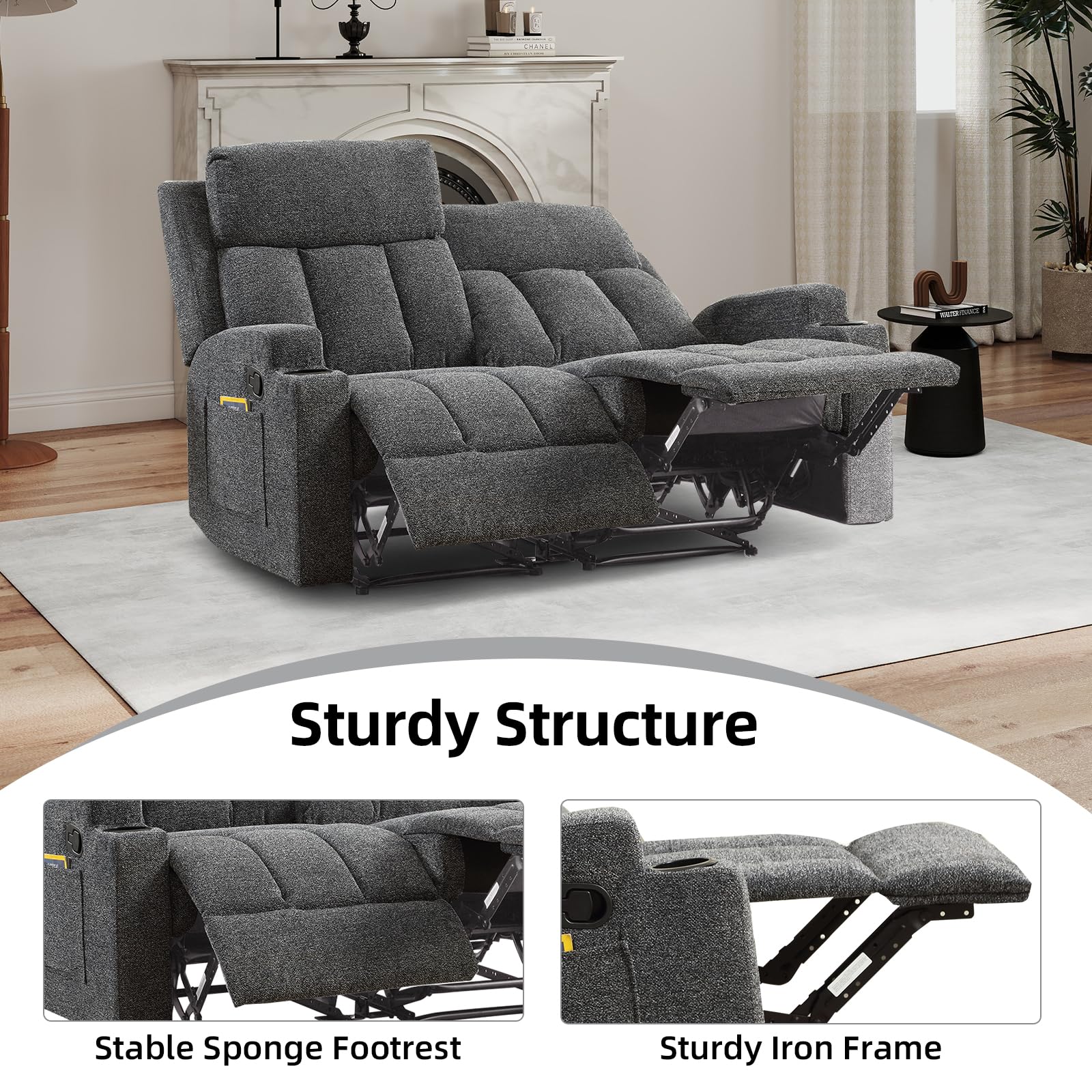 CANMOV Manual Recliner Sofa Set, Fabric Recliner Living Room Furniture Sets, 1 Seat Reclining Chair and a Loveseat Furniture Set with Side Pockets and Cup Holders, Dark Grey view 4