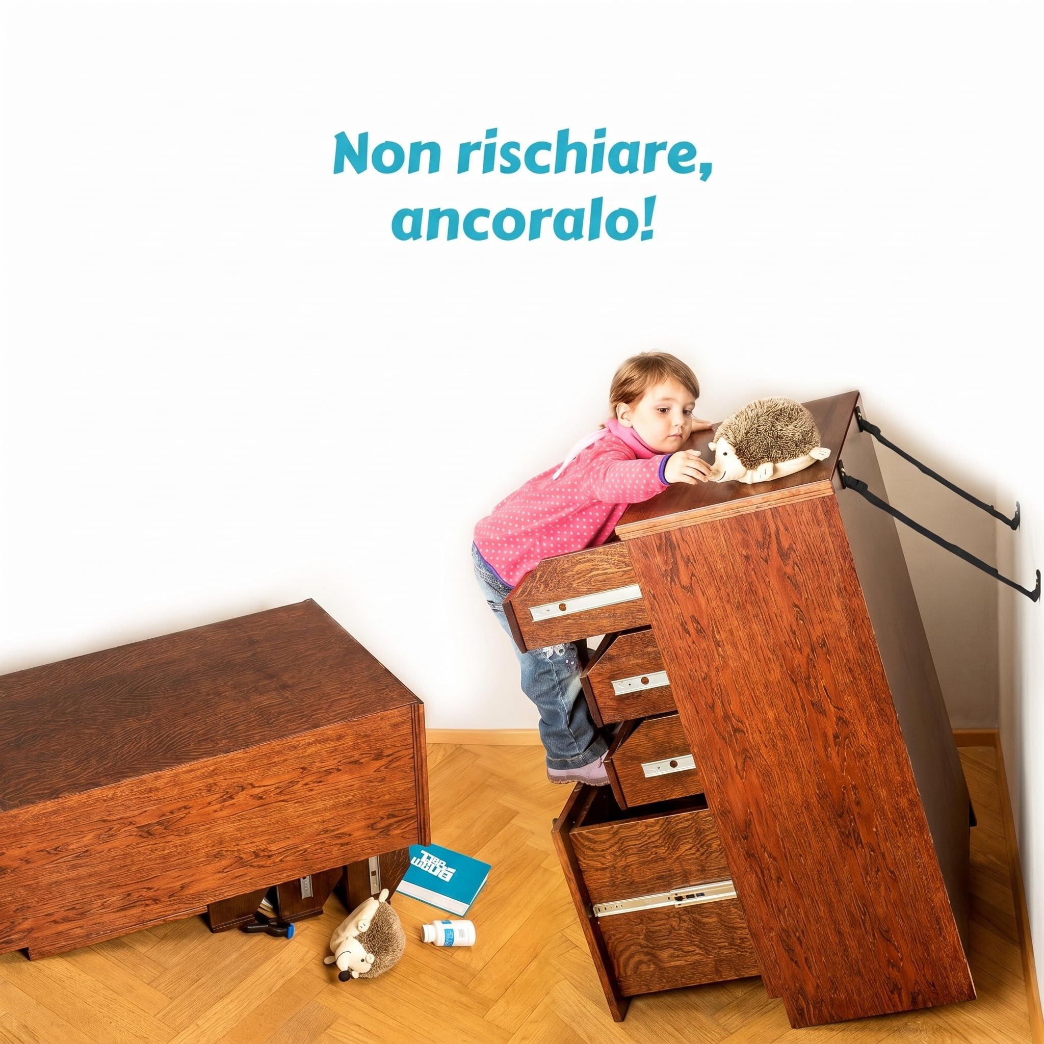 Antiribaltamento Mobili Set 8 Cinghie Ancoraggio per TV e Cassettiere - Kit Sicurezza Bambini con Cinghia Regolabile Resistente per Fissare Scaffali Librerie Armadi a Parete, Nero