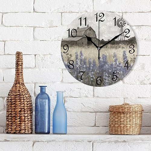 Miniatura 3 de Reloj de pared redondo con diseño de flores silvestres y flores silvestres, molino de viento, silencioso, sin tictac, reloj de baño de 10 pulgadas,