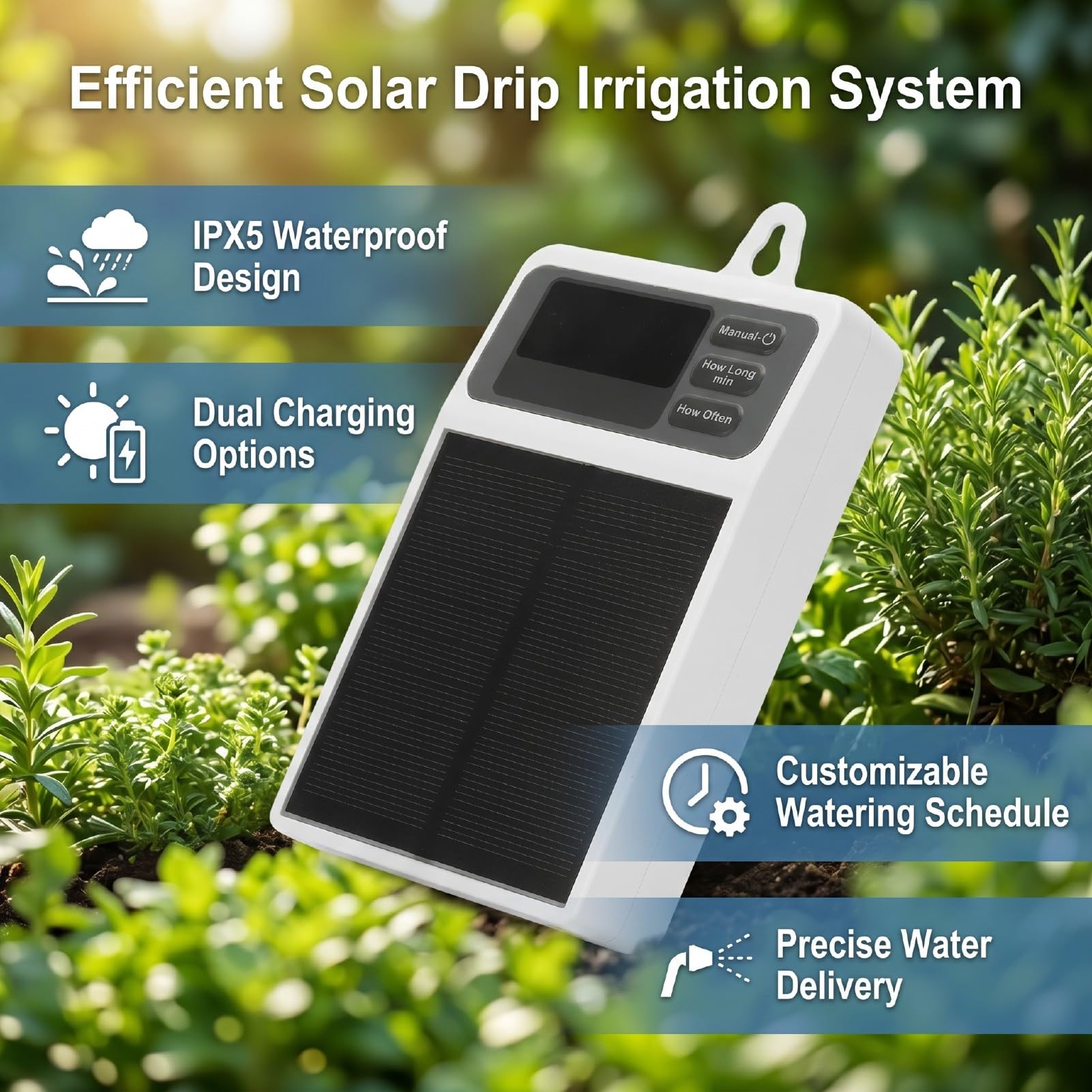Bewinner de Riego por Goteo Automático Solar, Kit de Riego Automático Impermeable IPX5 de 630 Ml/min para Jardín con Batería de 2200 MAh, Carga Dual, Temporizador Ajustable - Cuidado Eficiente de