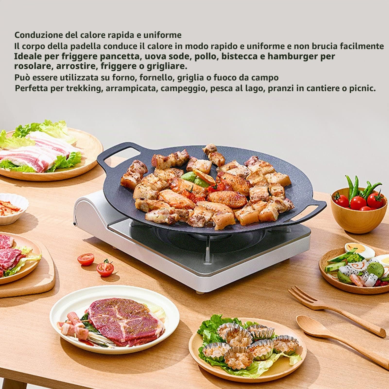 Padella per Barbecue Coreana, Piastra Rotonda con Rivestimento Antiaderente a 6 Strati, Piastra per Barbecue Rotonda, Griglia in Ghisa Smaltata, Compatibile per Induzione, Fornello a Gas, Piano(30 cm)